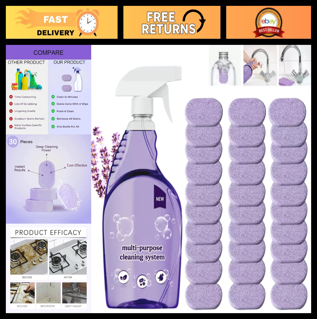 All-in-One Multi-Surface Cleaner Spray with Stain Removal Tablets – 1 Bottle + 3
