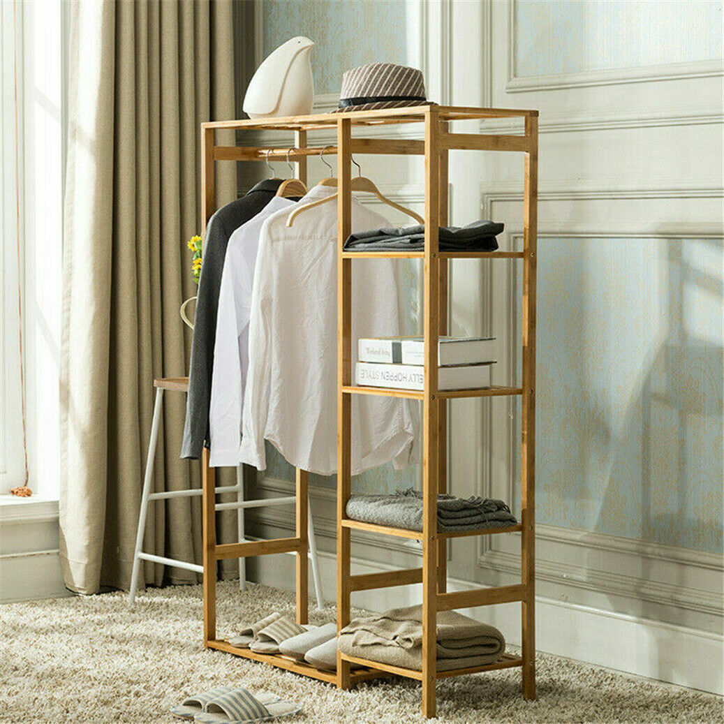 Bamboo Wood Garment Rack Clothes Hanging Stand Shoe Coat Storage Organizer Shelf
