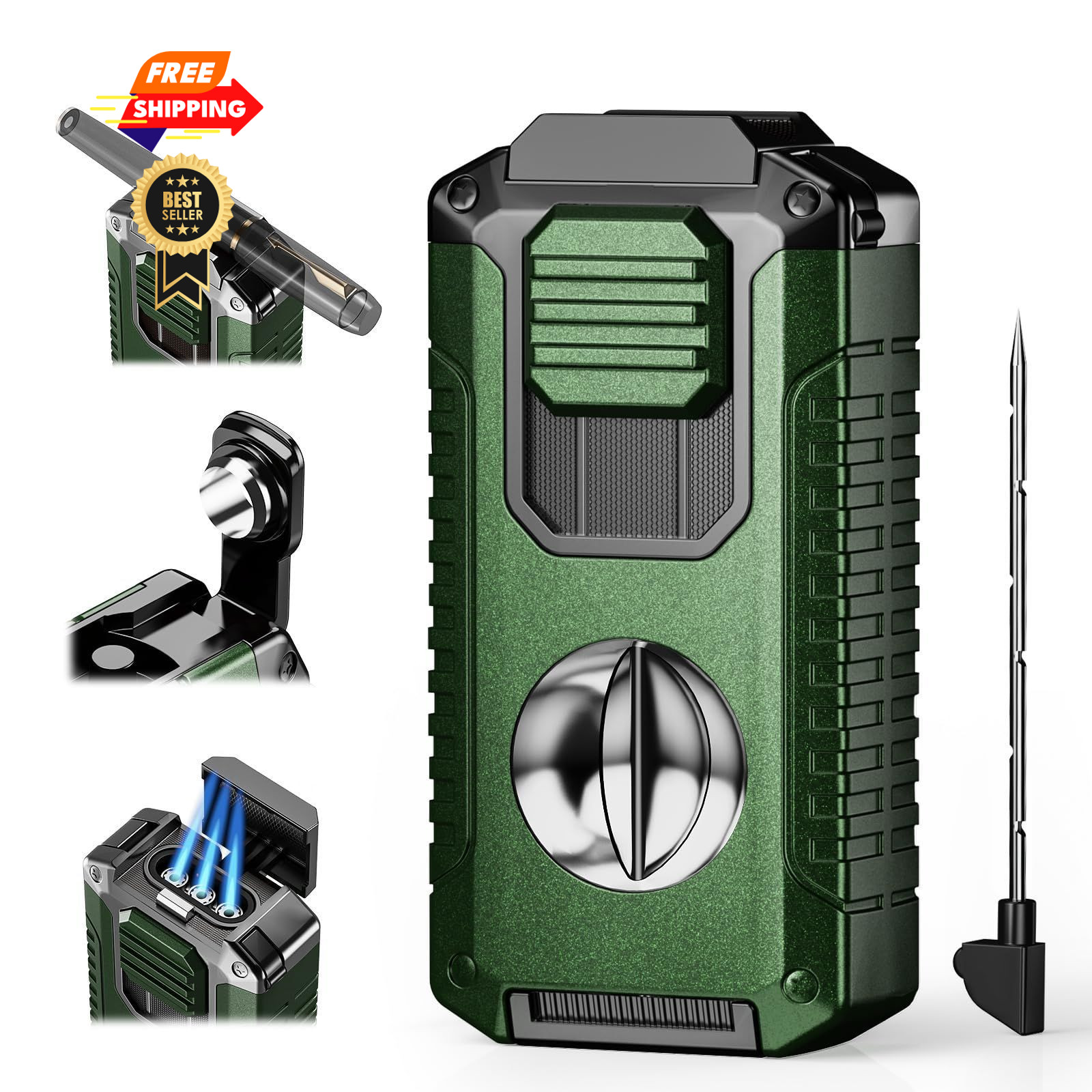 5-in-1 Torch Lighter with Tool, Punch, Holder, and 3.35*1.67*0.92 in, Green
