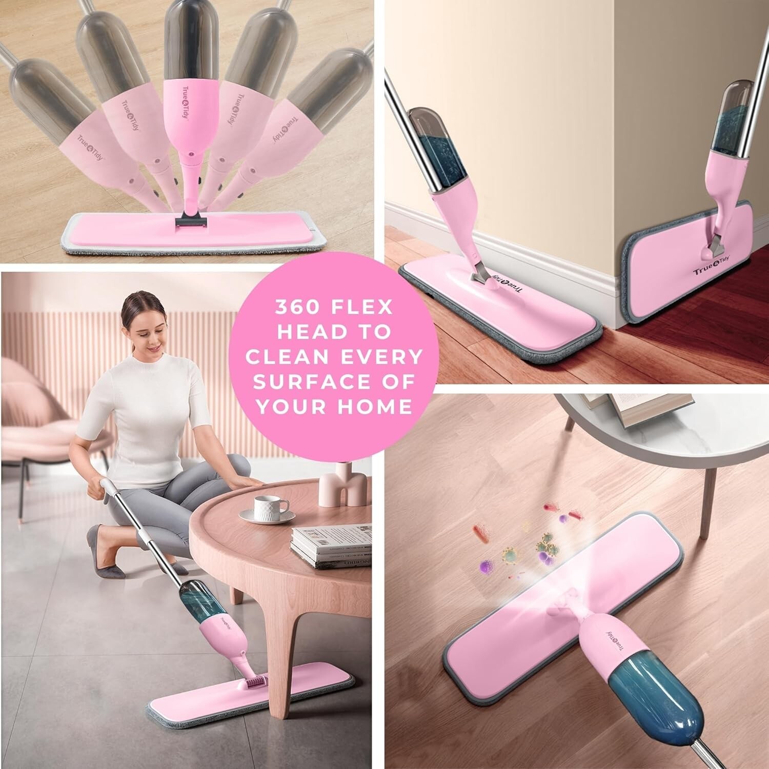 True & Tidy 360 Spray Mop with 3 Interchangeable heads, Pink