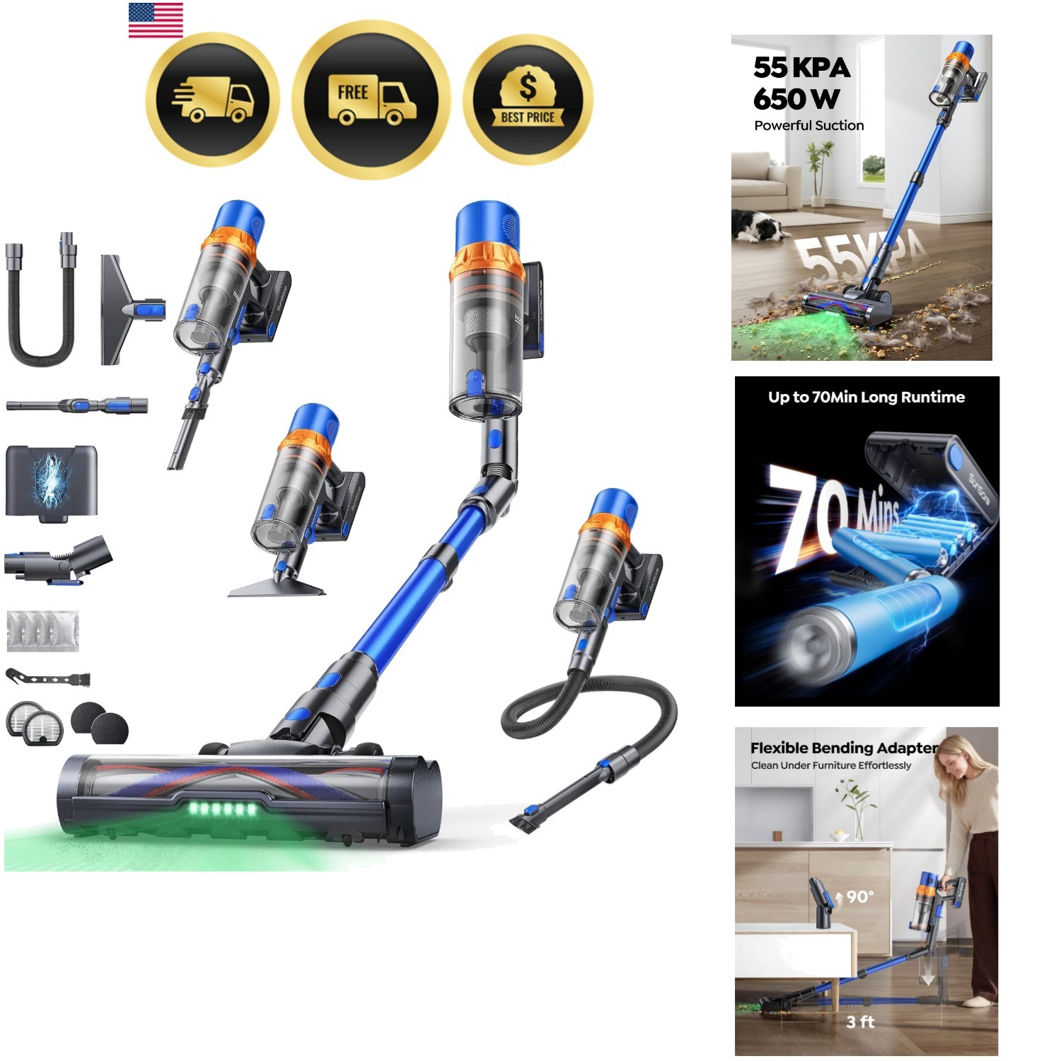 Cordless Vacuum Cleaner Stick Vacuum Pet Carpet Hard Floor Auto Mode Aromathe…