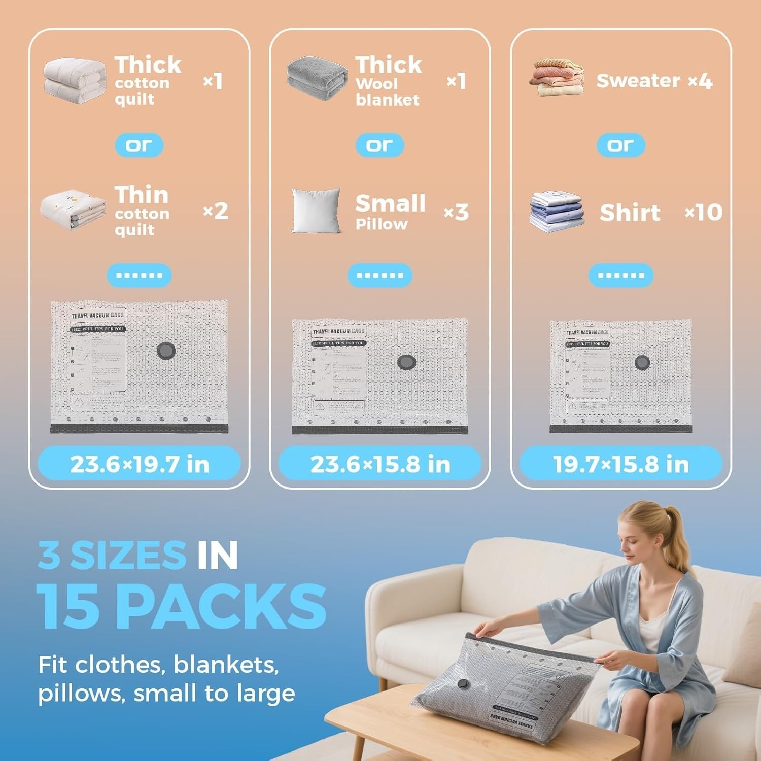 15 Pack Travel Vacuum Bags with Rechargeable Wireless Pump, Clothing Seal Org US