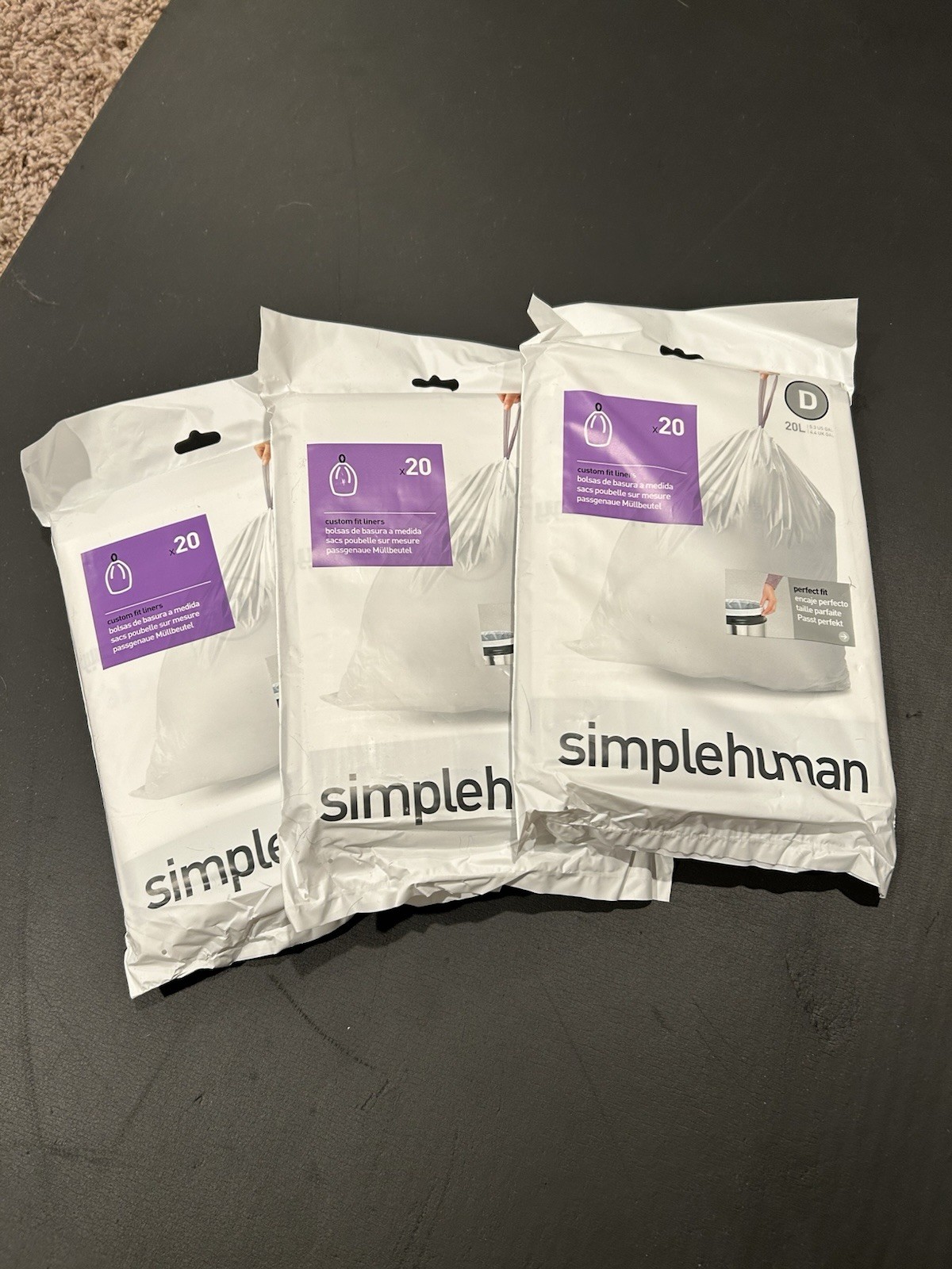 SIMPLEHUMAN Code D Custom Fit Kitchen Trash Bag Liners 60 Count (3 packs of 20)