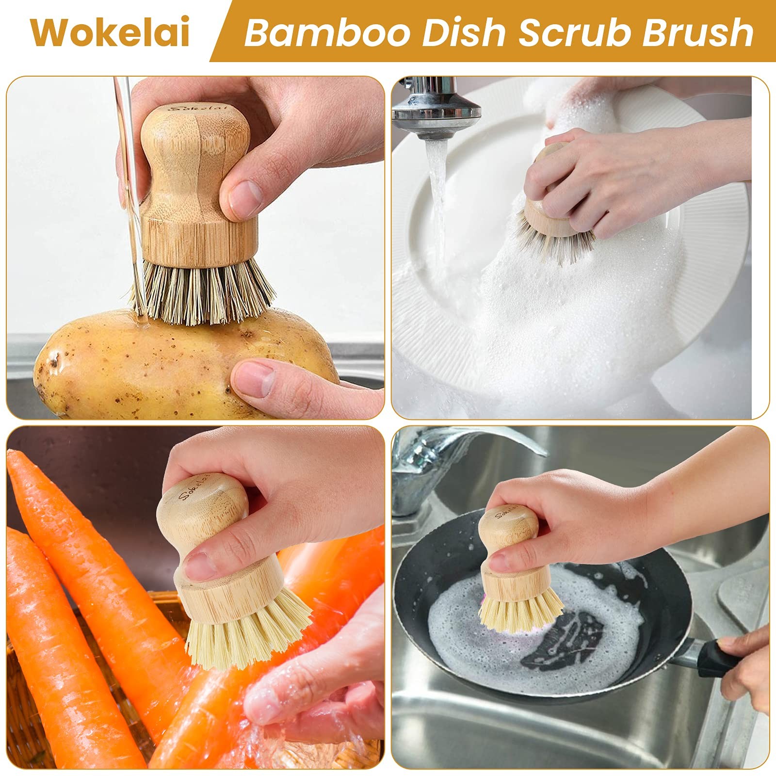 Bamboo Dish Scrub Brushes Set for Kitchen – Wooden Large (Pack of 2), Beige