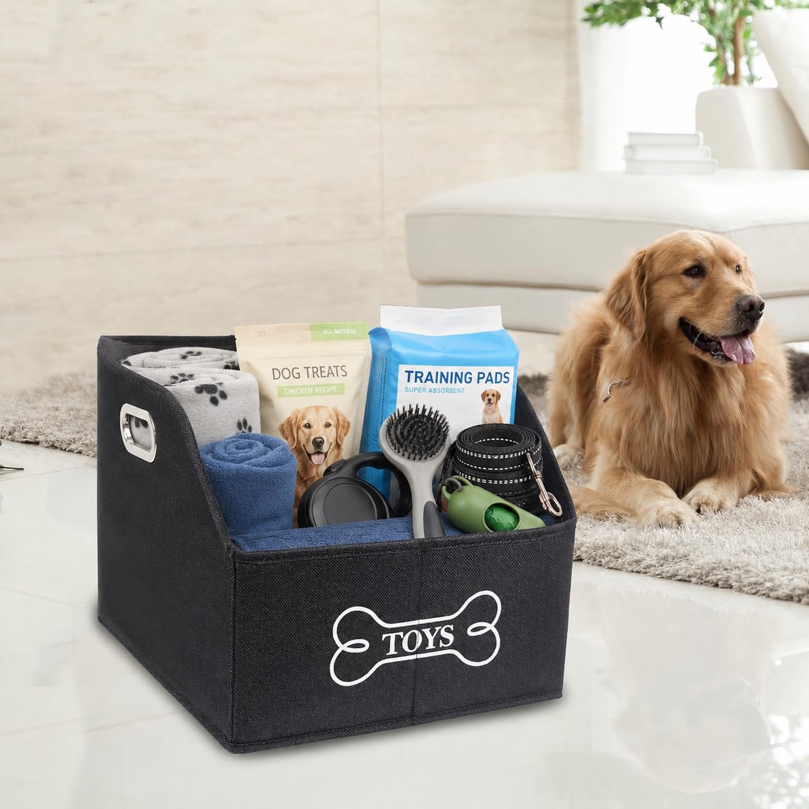 Geyecete Dog Toy Storage Bin Black Canvas Trapezoid Foldable