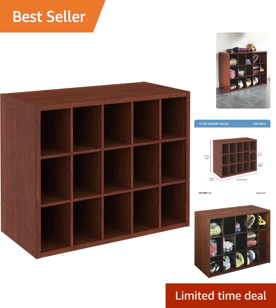 Space-Saving 15 Cube Organizer in Dark Cherry – Easy Assembly & Stylish Design