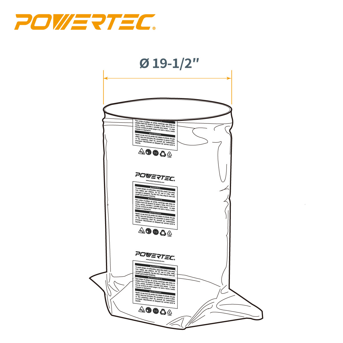 POWERTEC 70009 Clear Plastic Dust Collection Bag, 19-1/2 Inch Dia x 33-Inch, 5PK