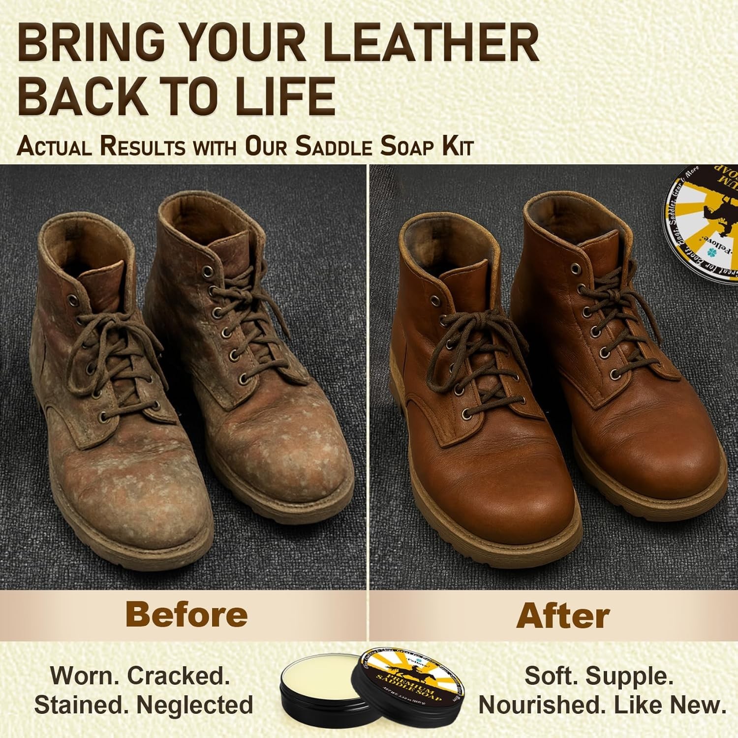 Essential Leather Care 3-in-1 Kit with Saddle Soap, Brush & Cloth – 3.52oz