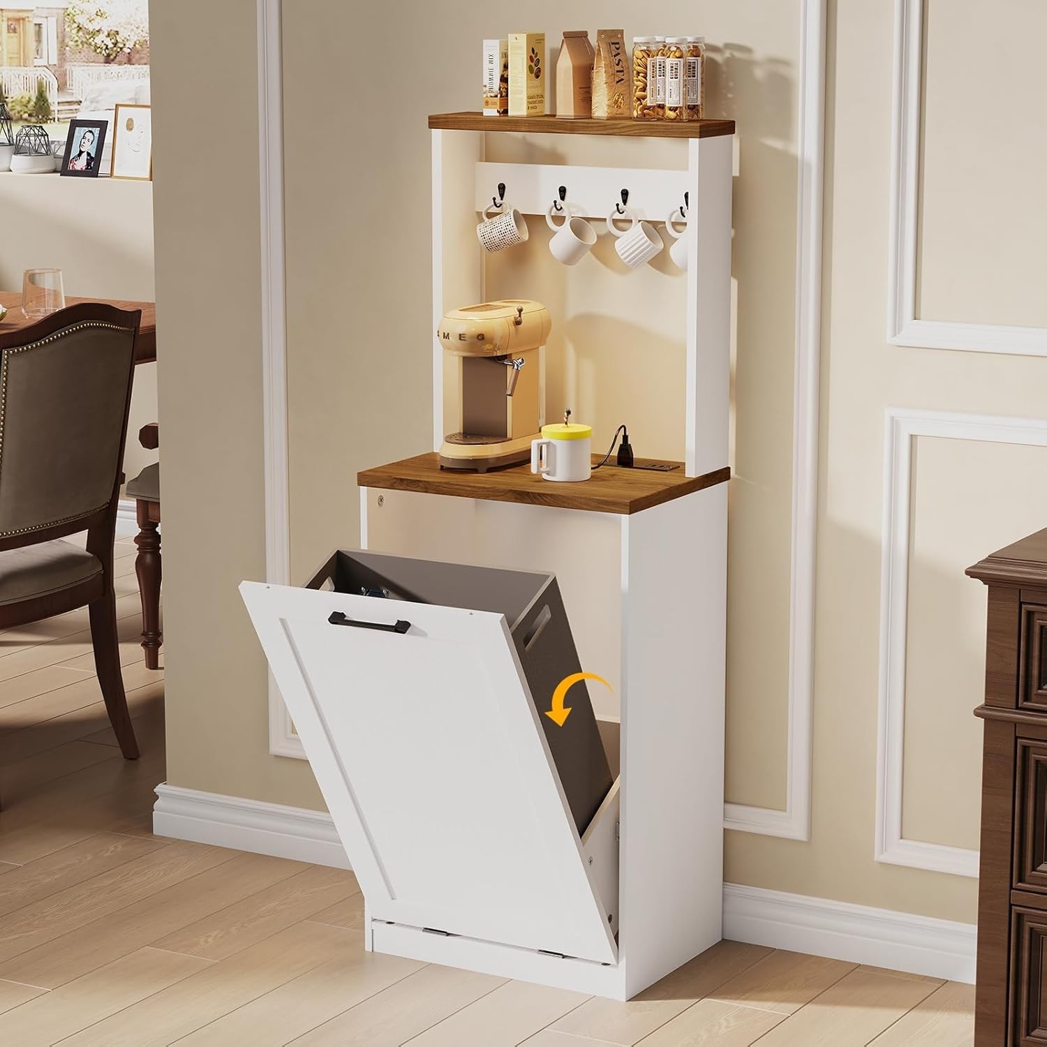 Tilt Out Trash Can Cabinet with Charging Station, Kitchen Trash Bin Cabinet w…
