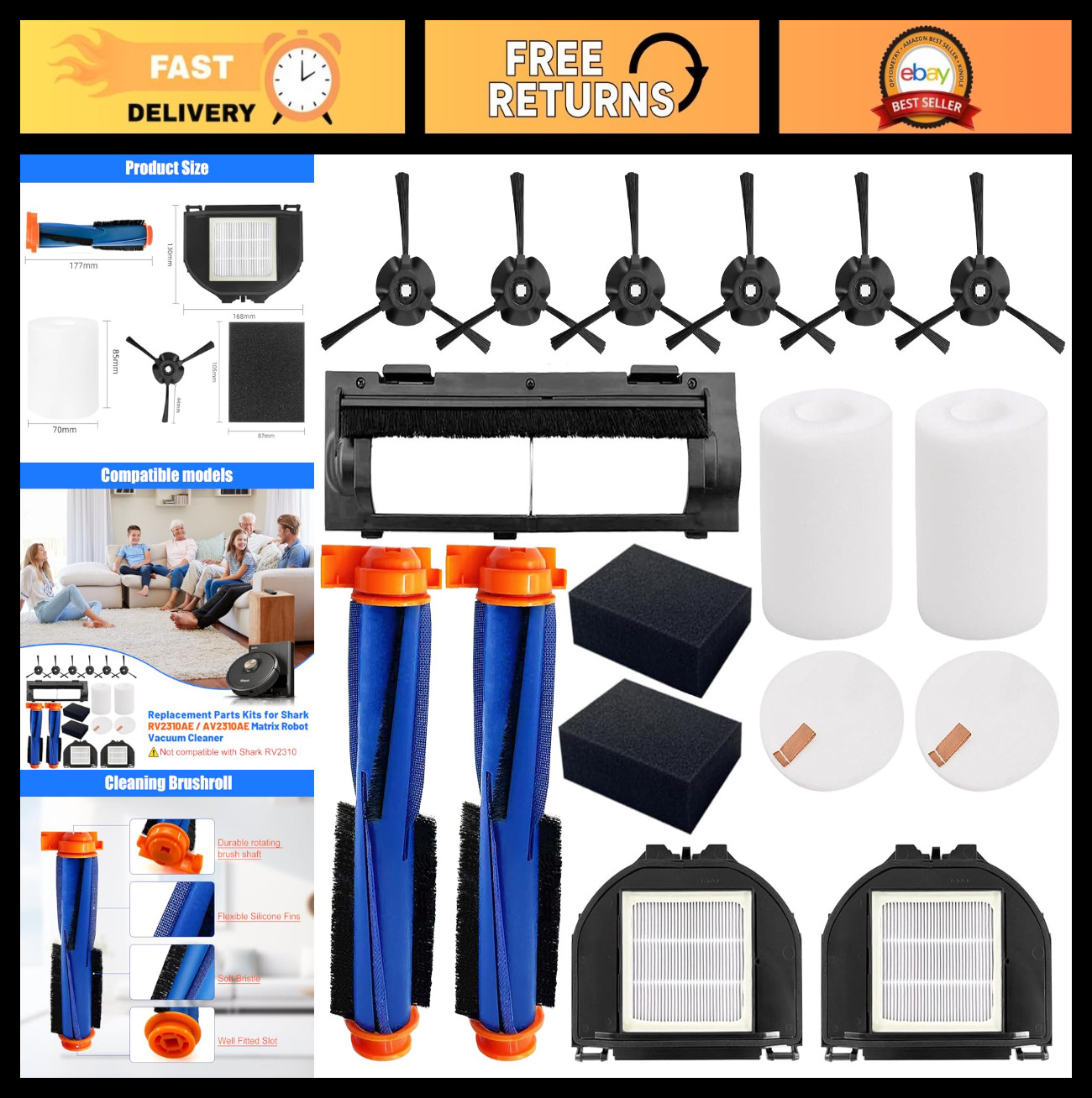 Replacement Parts for Shark Robot Vacuum – 2 Roller Brushes, 6 Side Brushes, 2 H