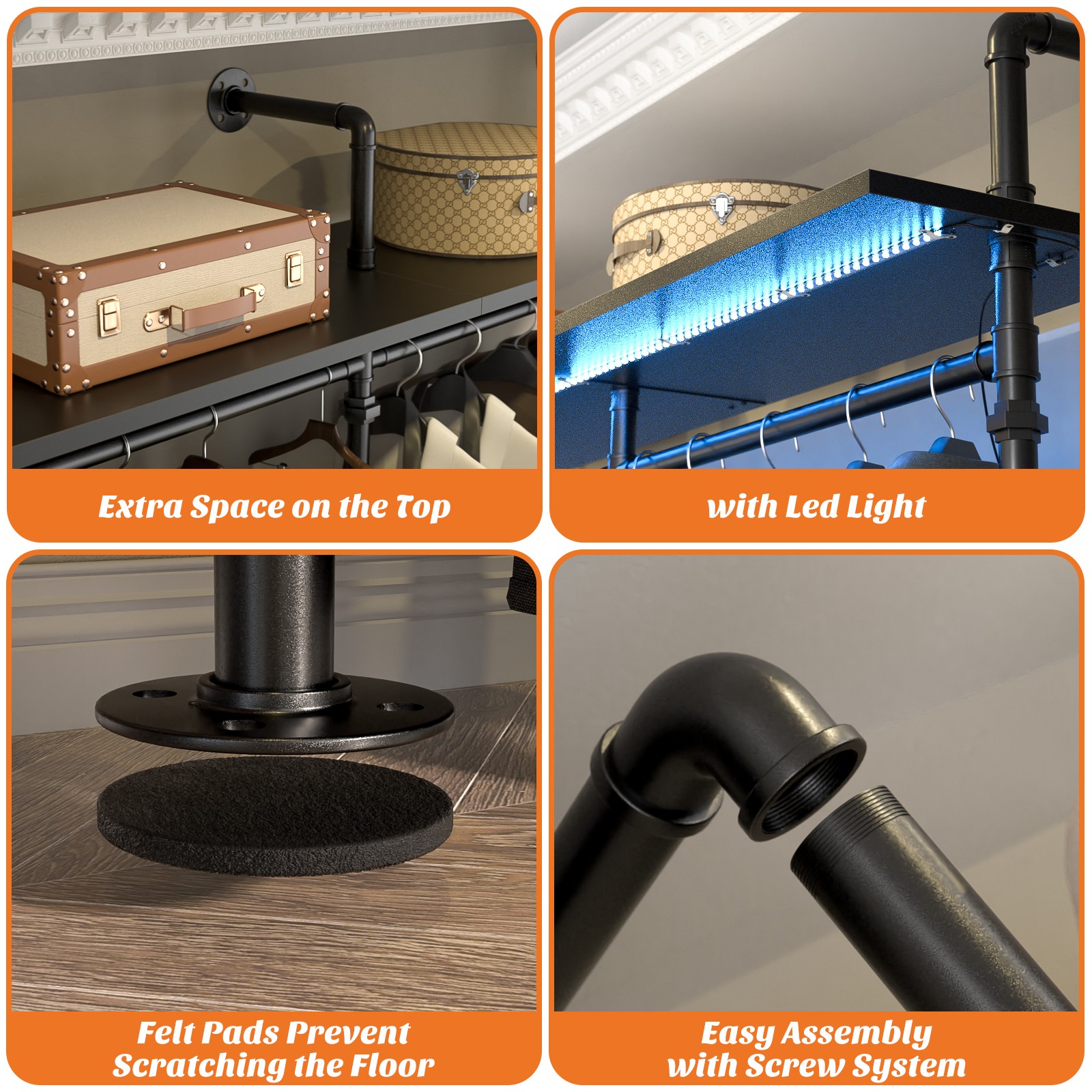 Open Box Wall Mounted Clothes Rack Industrial Pipe Closet System with LED Light