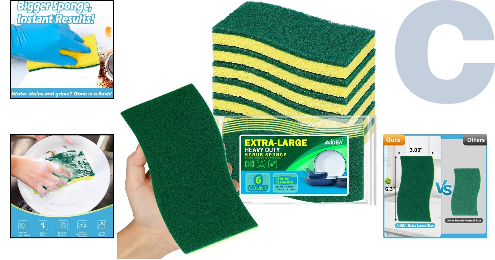 Dual-Sided Extra Large Scrub Sponges – 6 Count for All Surfaces and Cookware