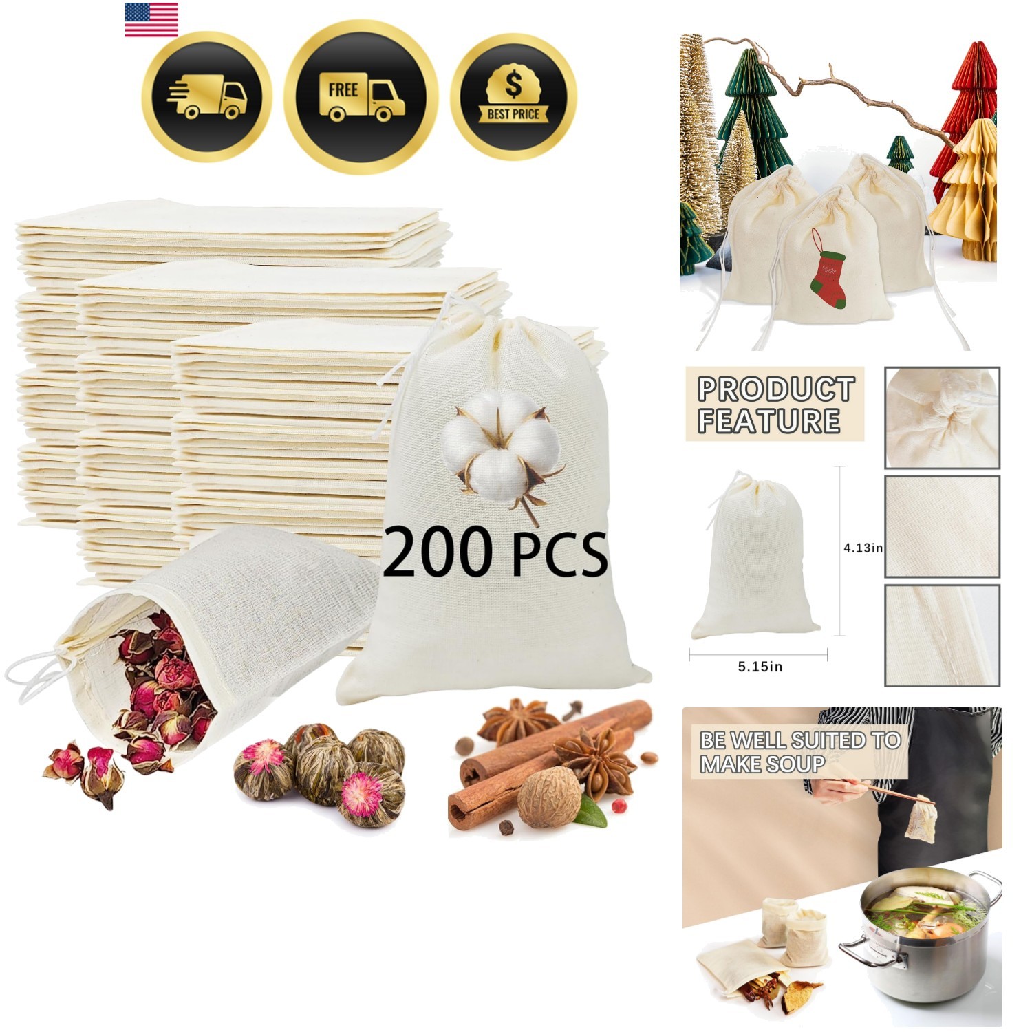 Muslin Cloth Bags with Drawstrings 200pcs Reusable Small Cotton Bags for Spic…