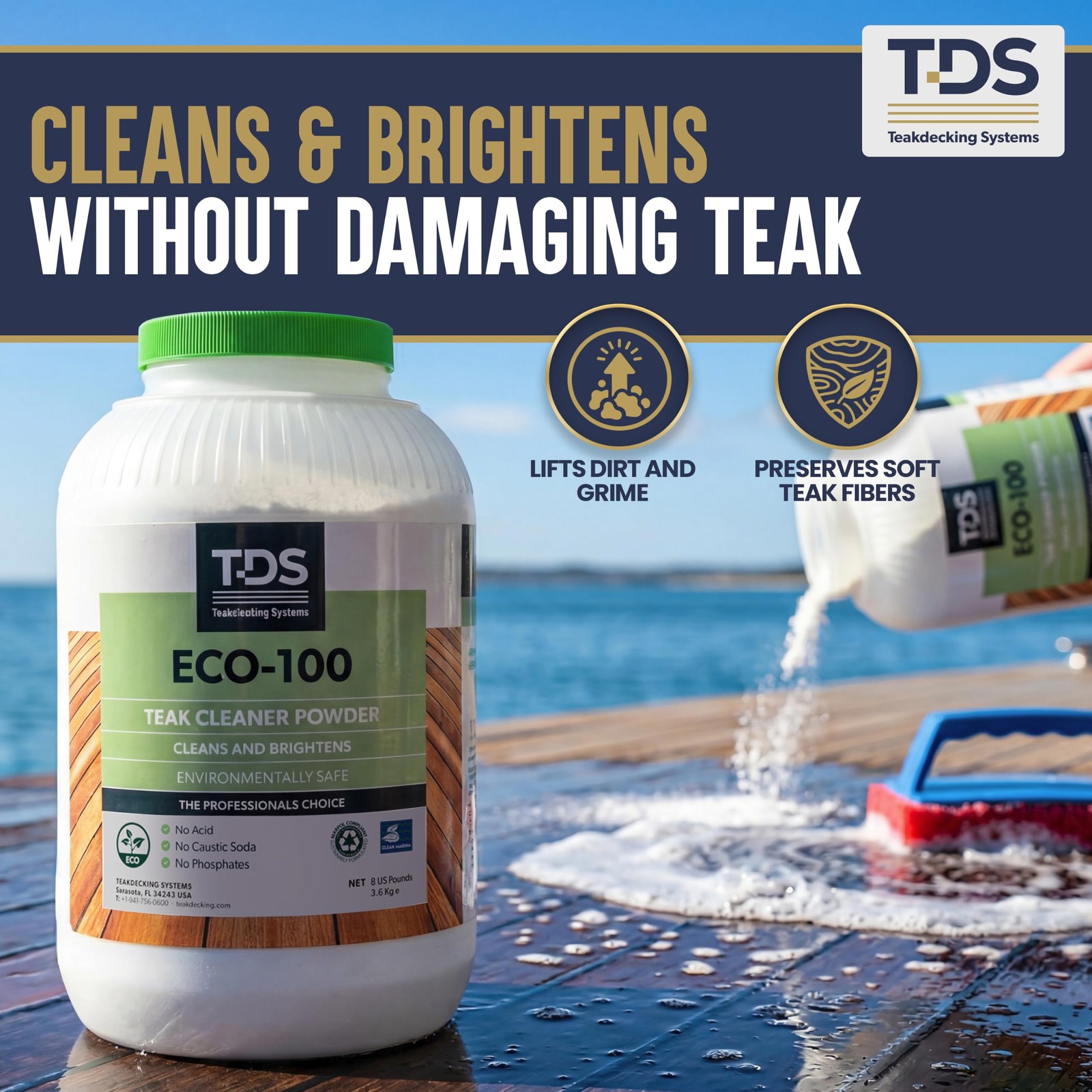 Teakdecking Systems TDS 8lb ECO100 Teak Cleaner Powder Marine Teak Cleaner a…