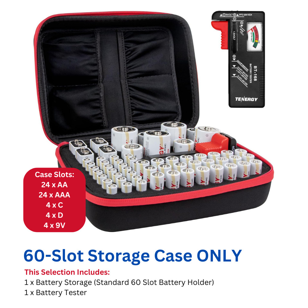 Tenergy Battery Storage Case With Free Tester Holds AA AAA C D 9V Lot