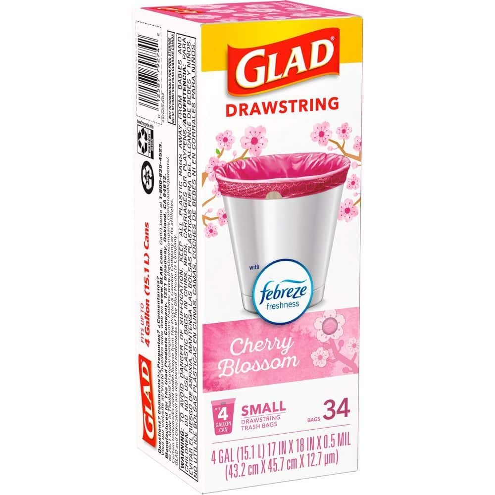 Small Trash Bags 4 Gallon Drawstring Glad Cherry Blossom Febreze 34 Count