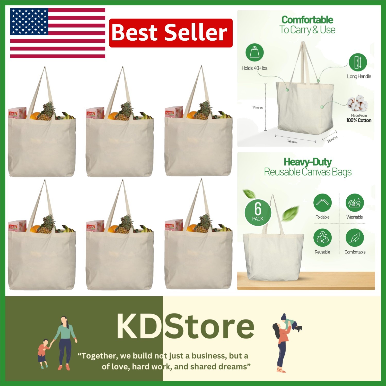 Durable Cotton Canvas Shopping Tote Bags – Bulk 6 Pack, Foldable & Lightweight