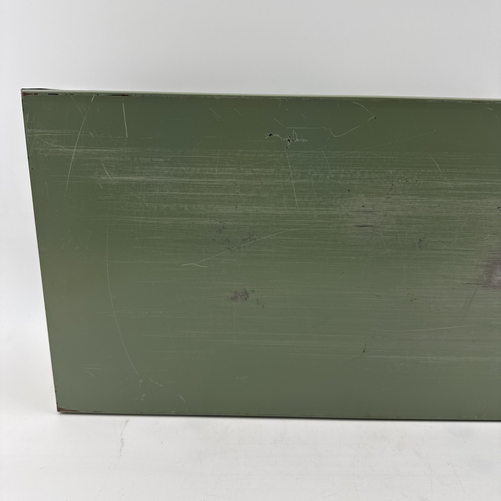 Vintage X-10 Light Green Metal Storage Box 21.5x10x5 Slide Lid