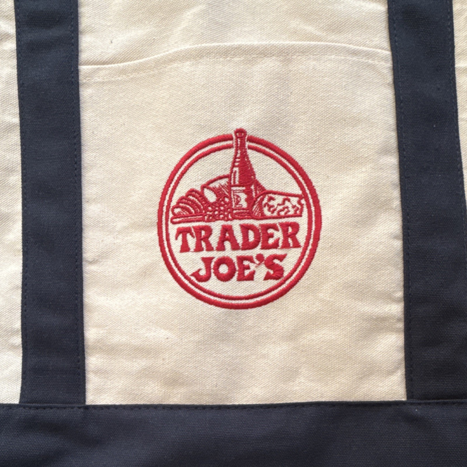 Trader Joe’s Reusable Tote Bag Foldable Cotton Polyester Beige Navy Blue