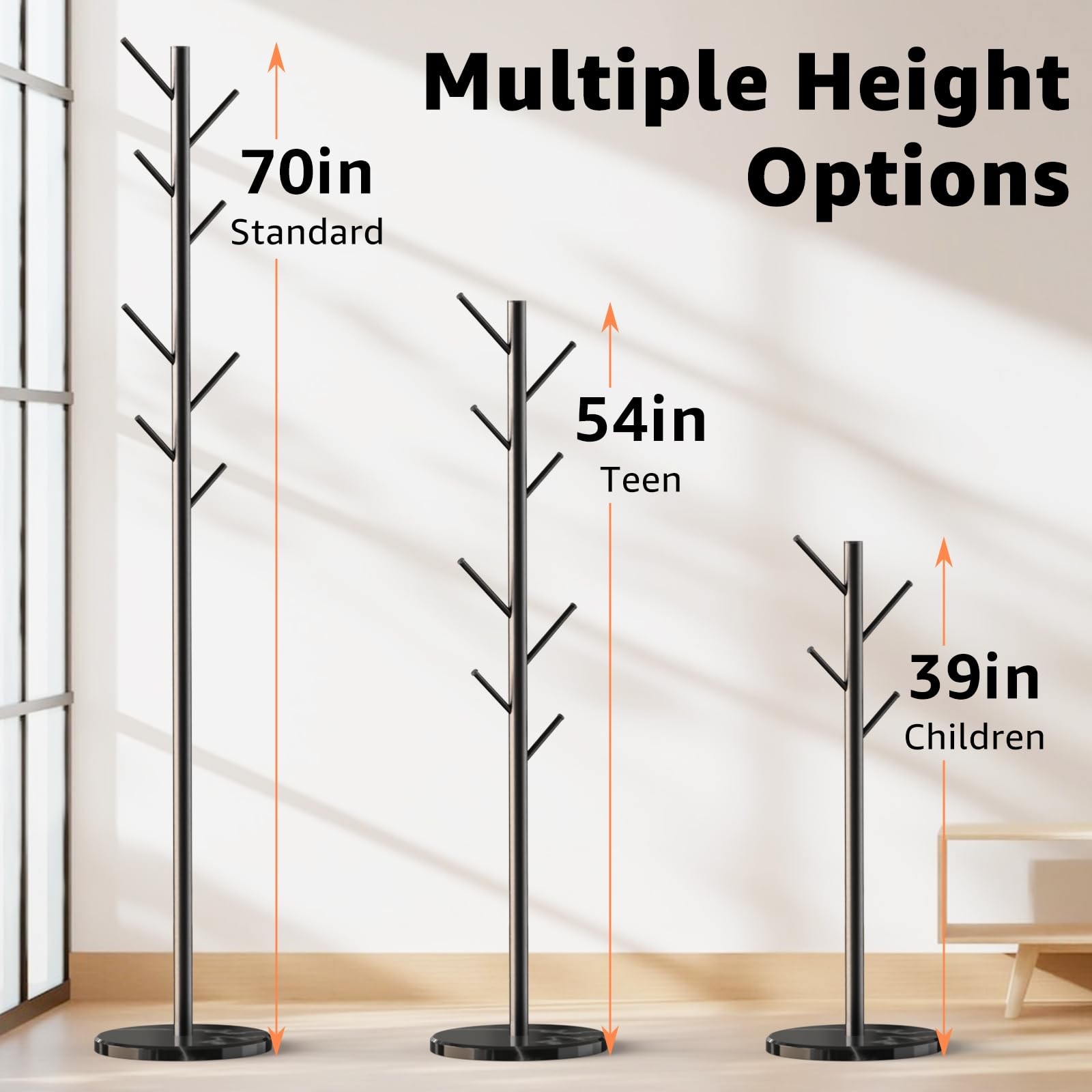 HzTinT Coat Rack with Natural Marble Base, 3 Adjustable 70 inches, Black