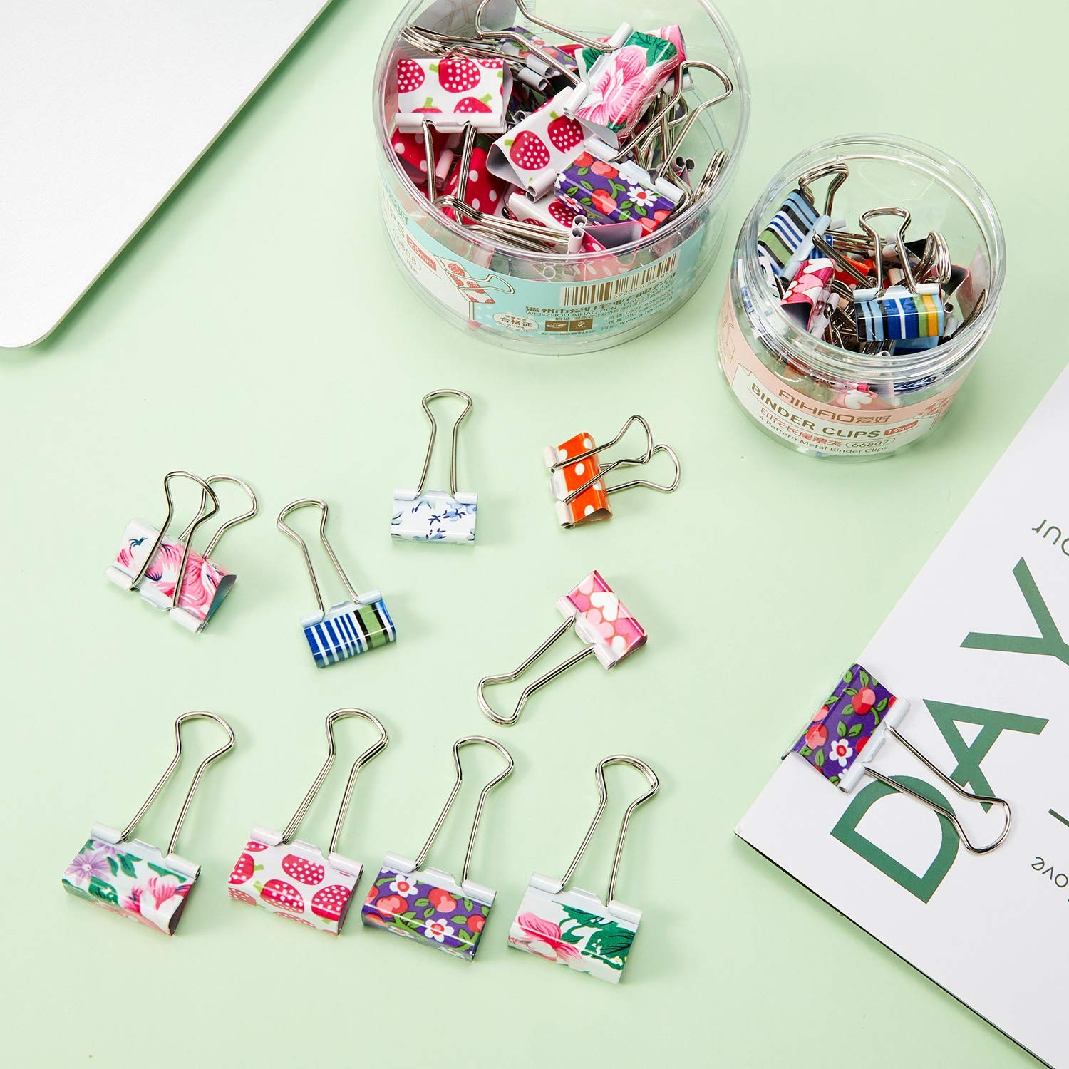 Outus 48 Pcs Cute Binder Clips with Box 2 Sizes Floral 0.75 Inches, 1 Inch