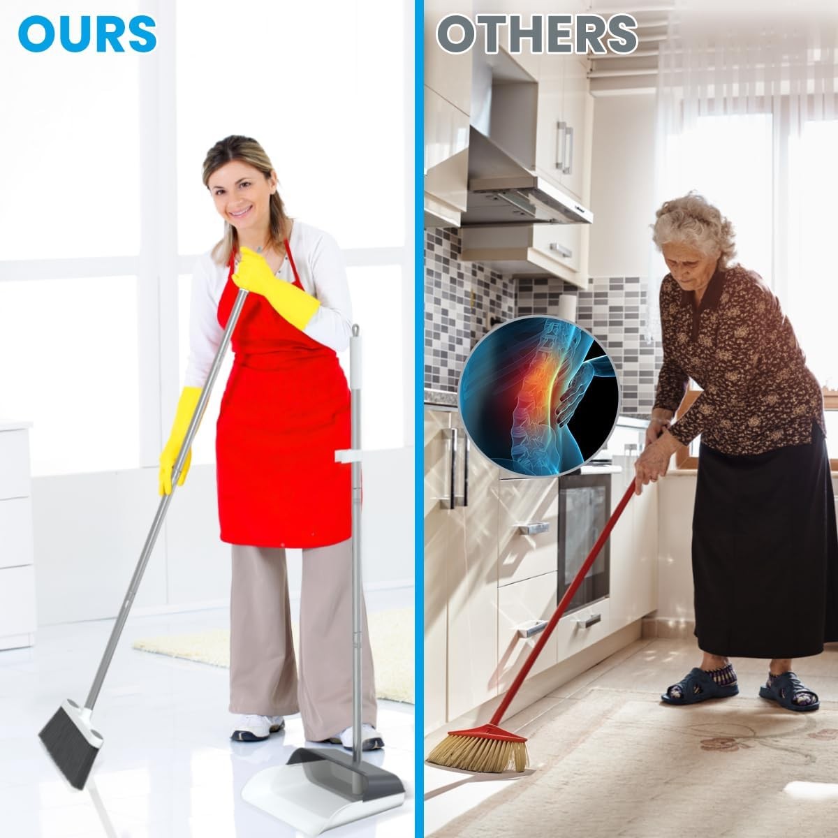 Stand Up Dustpan and Broom Set 50” Long Handle Broom with Dust Pan, 20° Angled