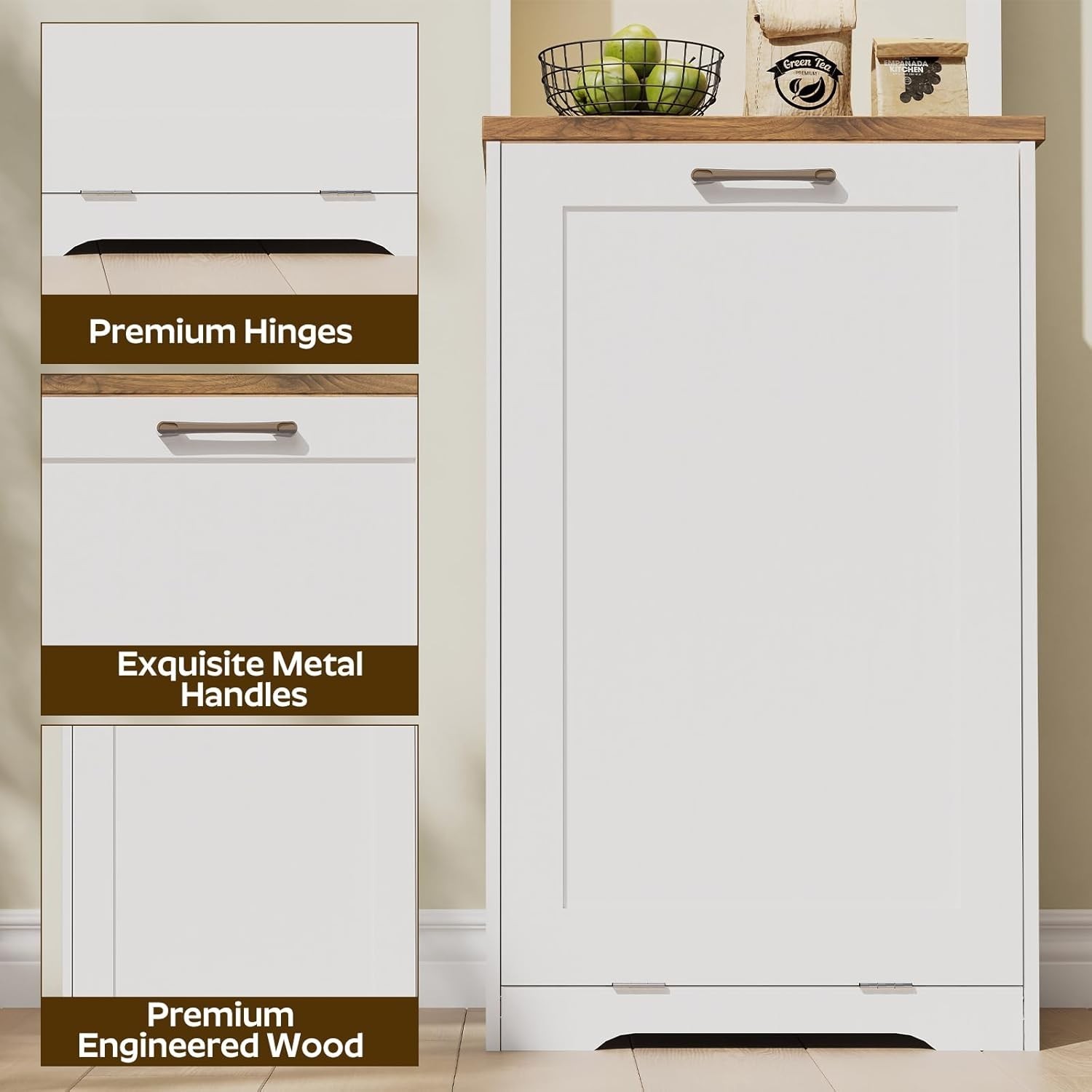 Tilt Out Trash Can Cabinet with Charging Station, Kitchen Trash Bin Cabinet w…