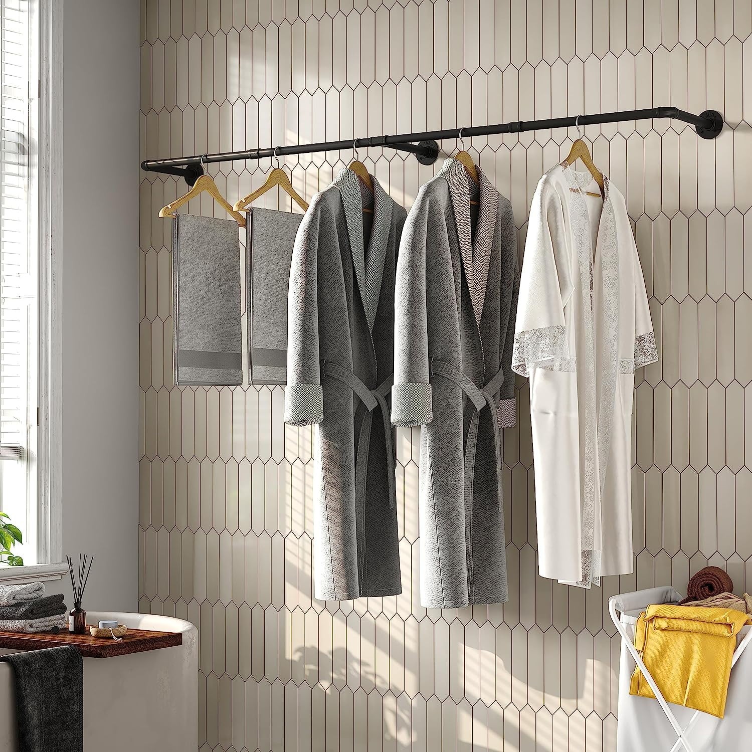 72″ Wall Mounted Industrial Pipe Clothes Rack, Heavy Duty Garment Hanging Rod