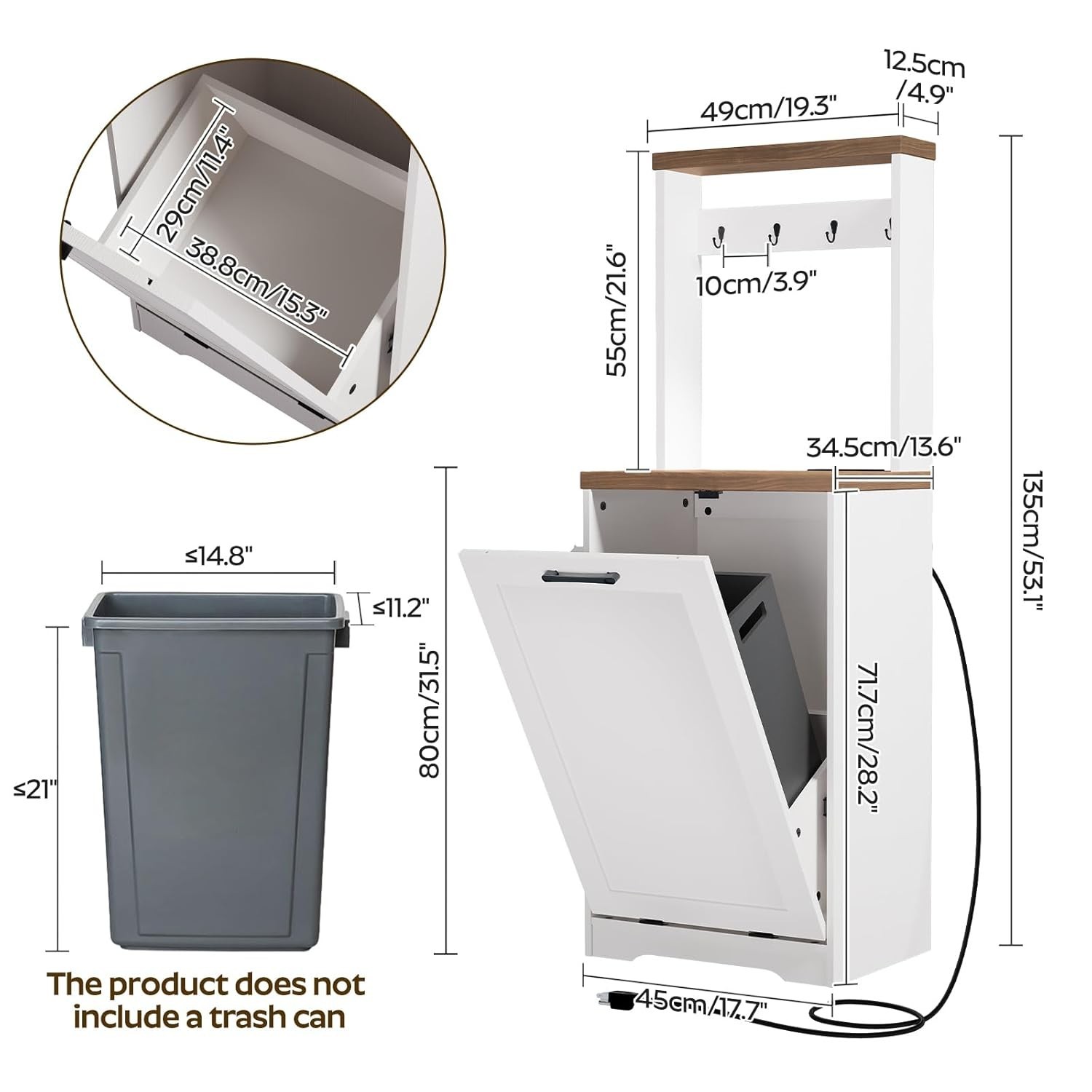 Tilt Out Trash Can Cabinet with Charging Station, Kitchen Trash Bin Cabinet w…