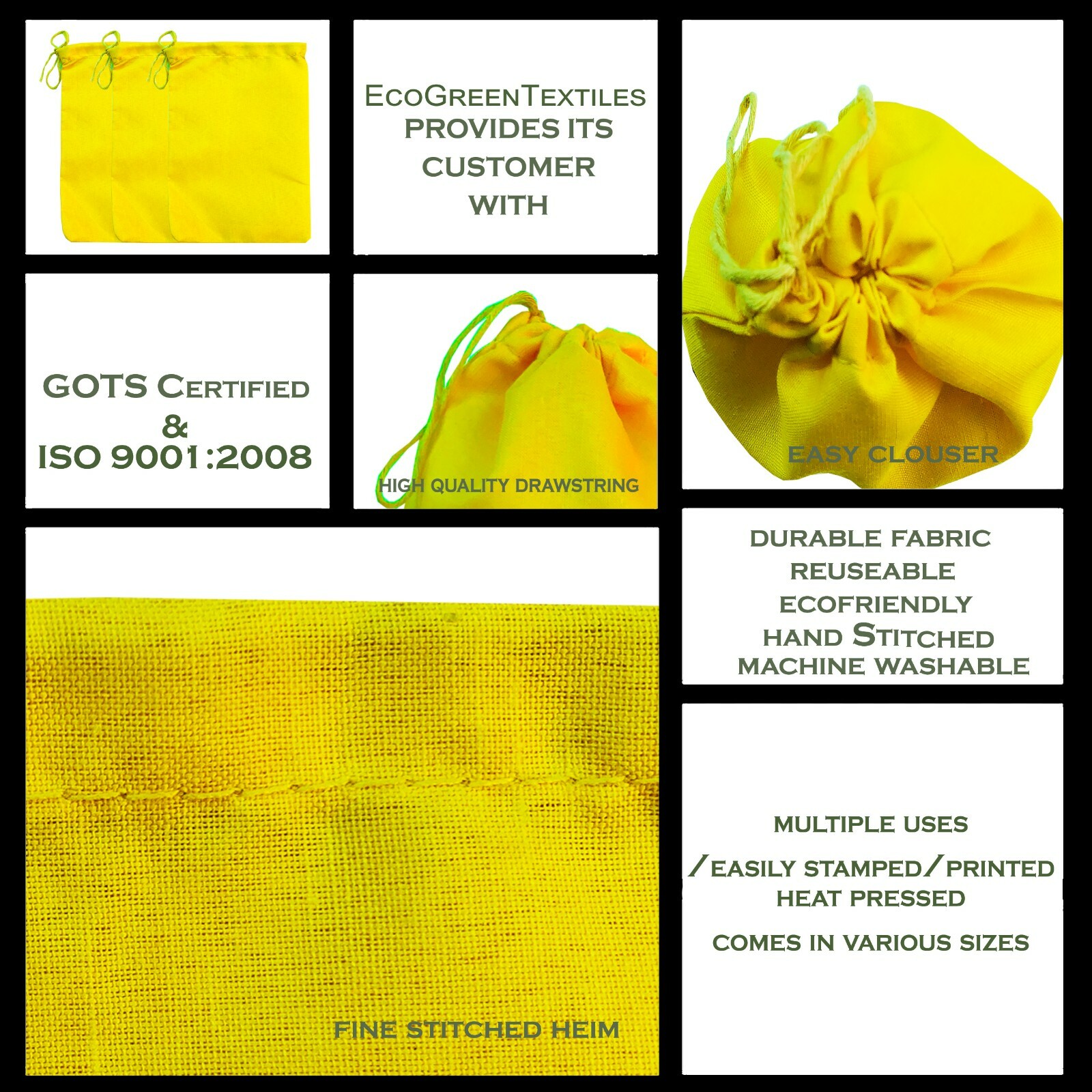 Yellow Poly – Cotton Bags, Reusable Produce Bags, Single Drawstring – lot