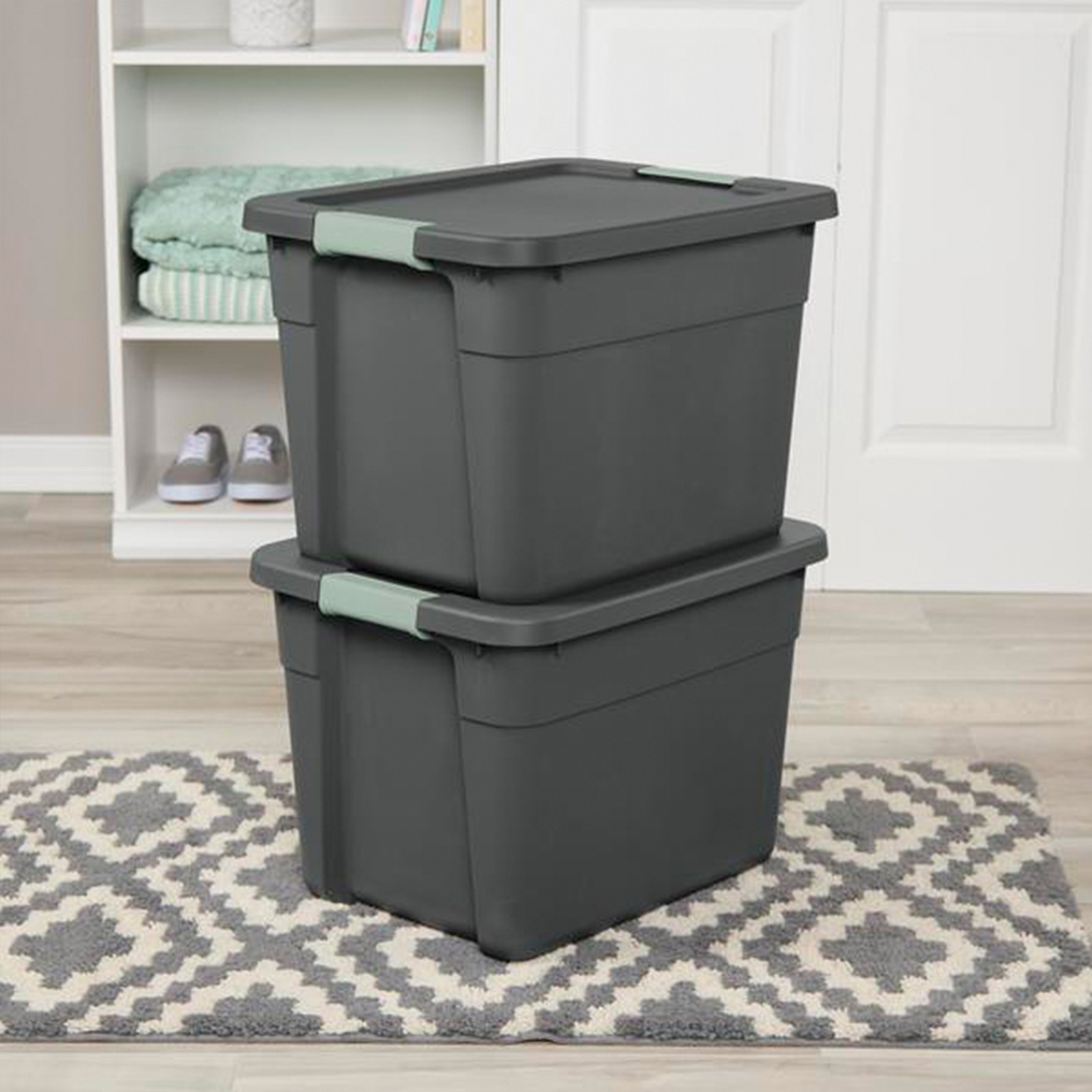 Sterilite 6Pk Latch Tote, Stackable Plastic Storage Container, 12Gal, Gray/Green