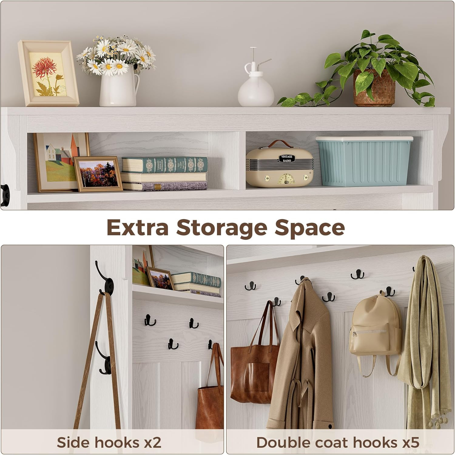 Hall Tree with Bench and Shoe Storage, 6-In-1 Entryway Bench with Coat Rack, Adj
