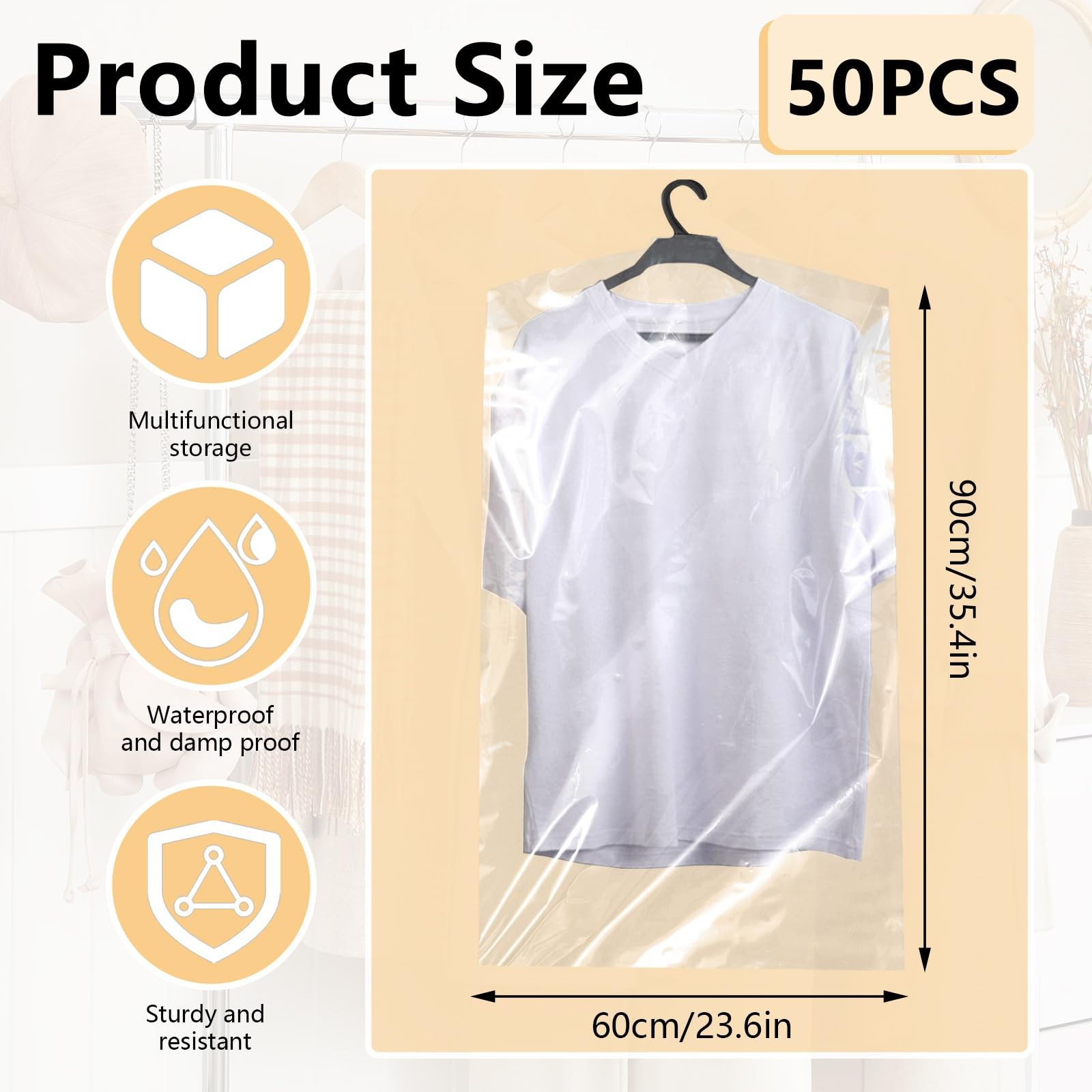 50 Pack Clear Plastic Garment Bags Hanging Clothes Storage for Dresses Skirts