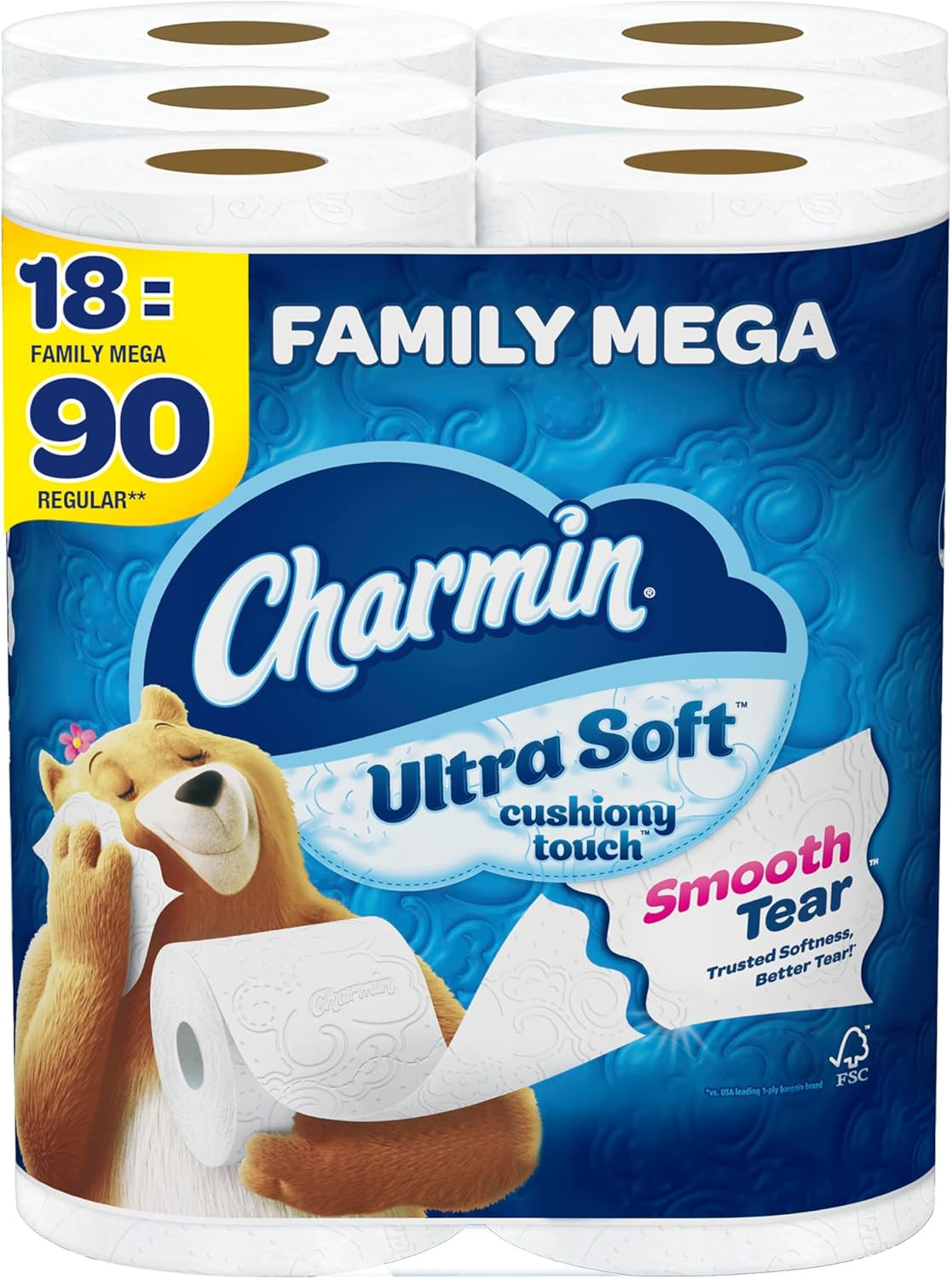 Charmin Toilet Paper Ultra Soft Touch 18 Family Mega Rolls = 90 Regular Rolls