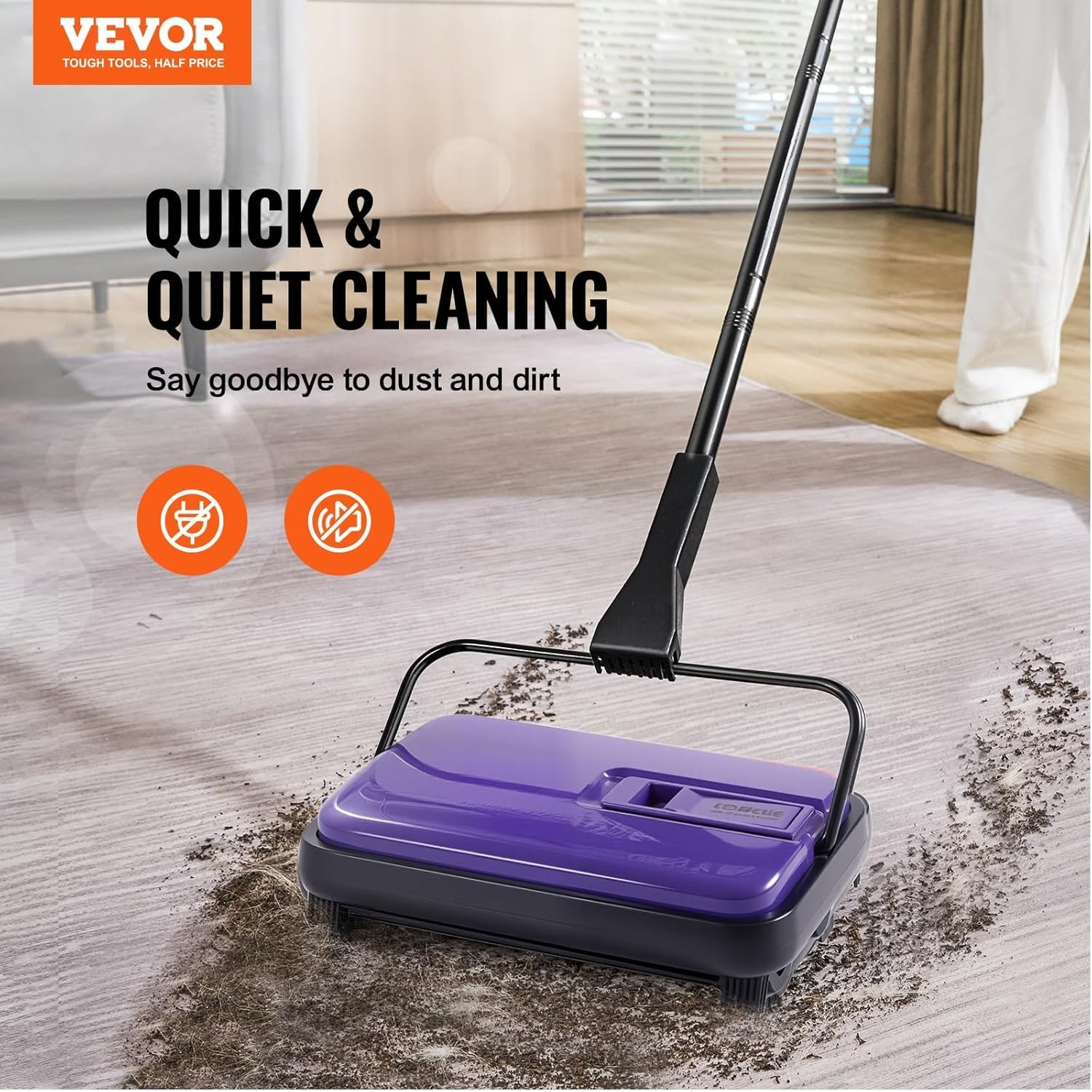Stylish Purple Carpet Sweeper – Quiet Manual Operation, Pet Hair & Dirt Remover
