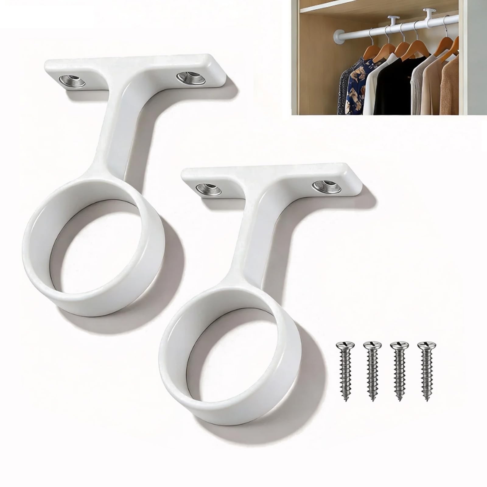 2 PCS 1 5/16 Inch Round Wardrobe Closet Rod Suspended Center Support White