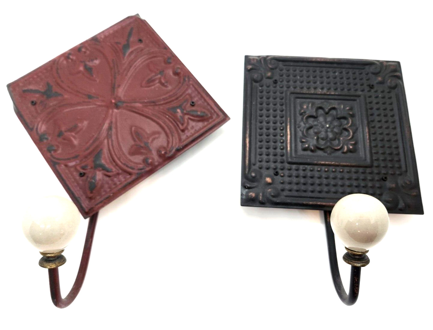 Embossed Metal Tile Hooks Decorative Set of 2 Black and Red