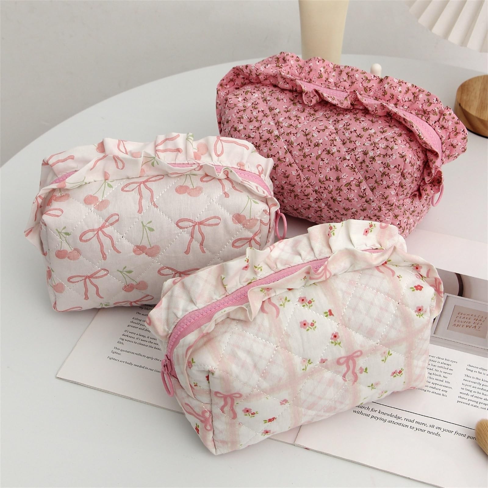 Xhuilong Cotton Quilted Makeup Bag, 18x10x10cm/7x4x4In, A – Pink – Flower