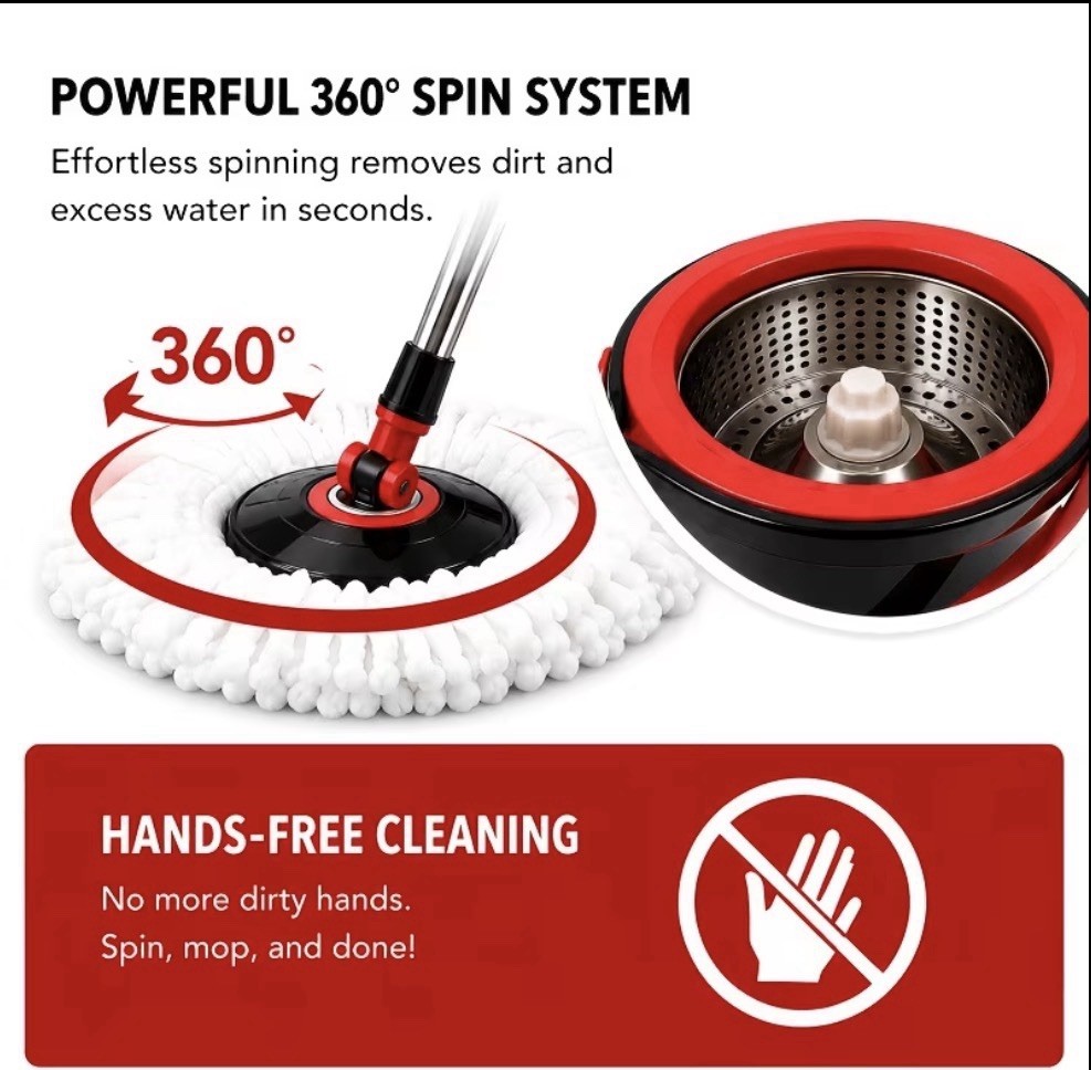 360 Spin Mop Bucket System Hands Free Self Wringing w/ 3 Microfiber Mop Heads