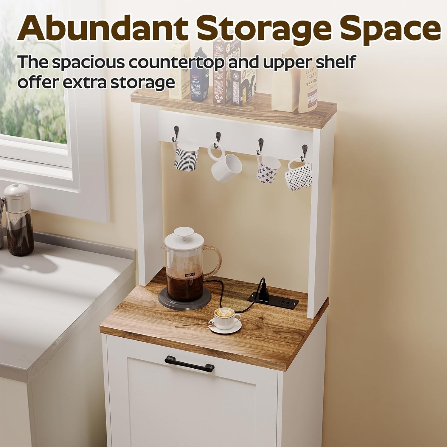 Tilt Out Trash Can Cabinet with Charging Station, Kitchen Trash Bin Cabinet w…