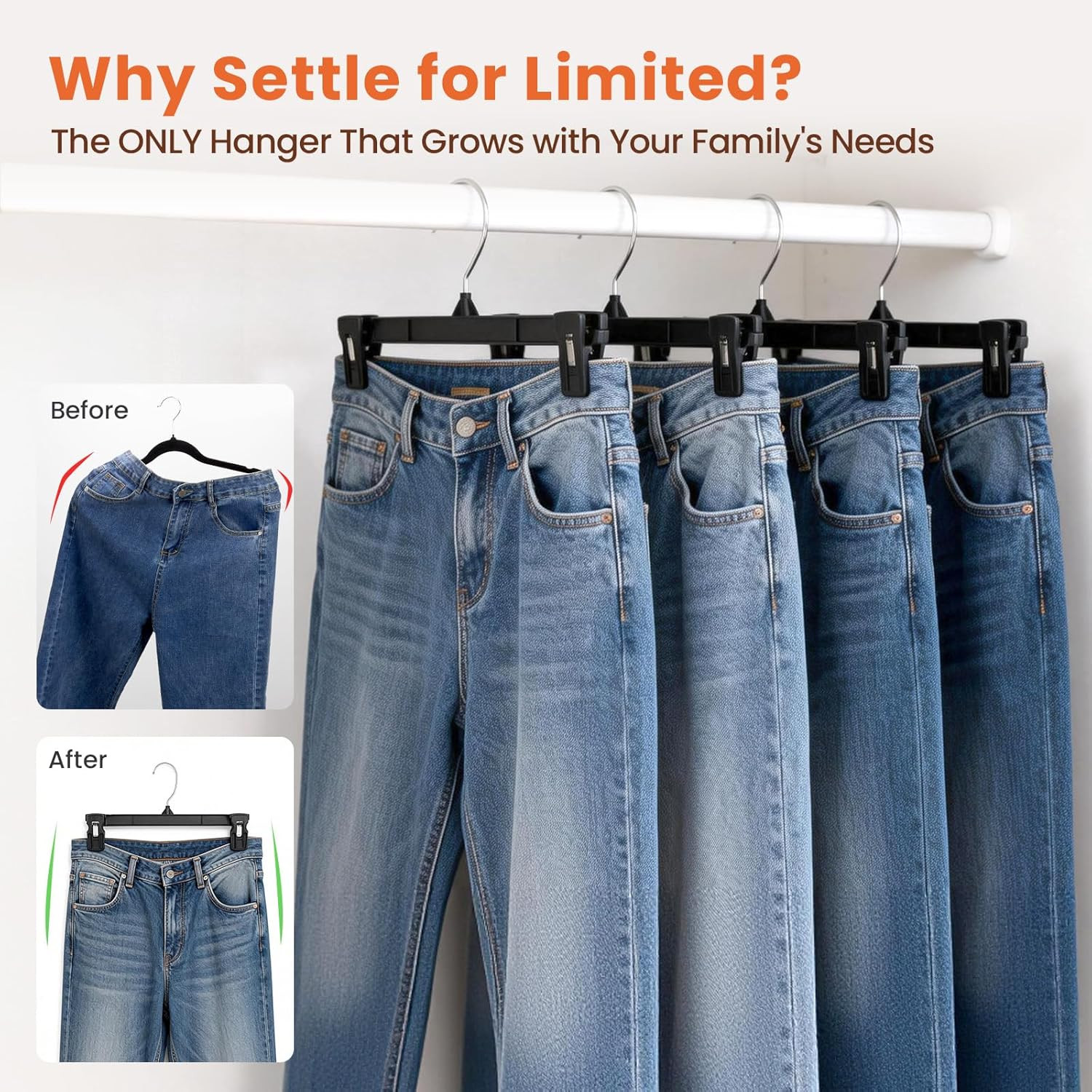 Black Pants Hangers 50 Pack, 12 Inch Skirt Hangers with Non-Slip Big Clips and 3
