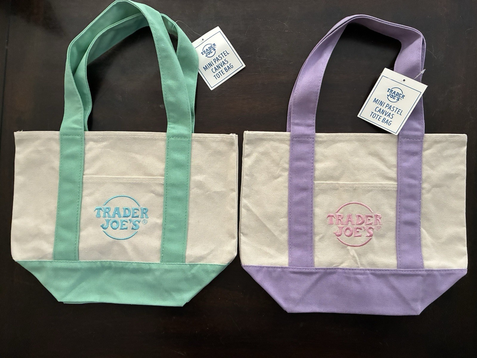 TRADER JOES ~ 2 MINI CANVAS TOTE BAGS ~ PASTEL MINT GREEN & LAVENDER COLOR ~ NEW