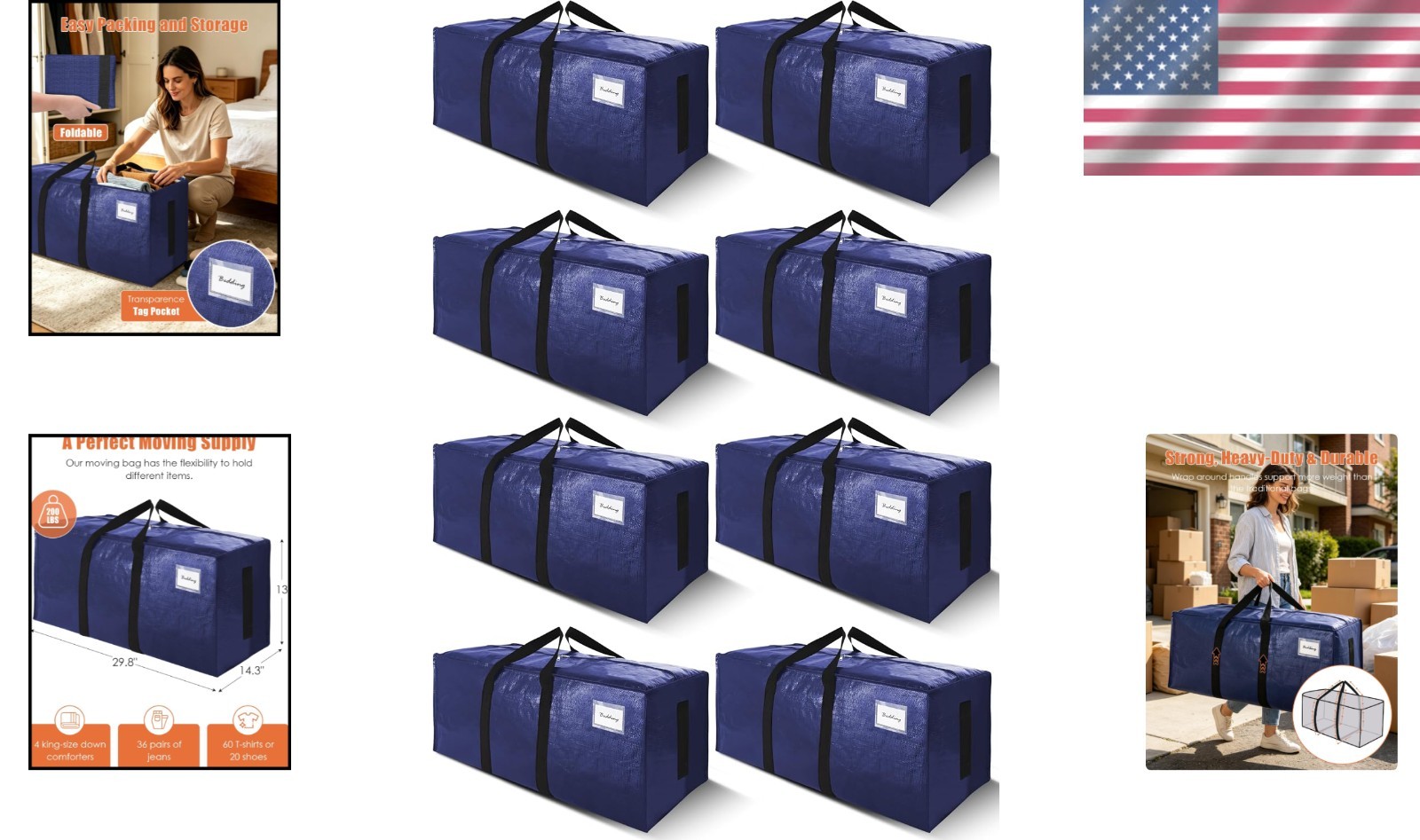 8 Pack Extra Large Heavy-Duty Moving Bags – 200LB Capacity for Safe Storage