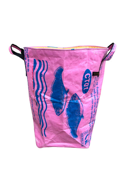 Fair Trade Upcycled Laundry Basket made from Recycled Fish Feed Bags in Cambodia