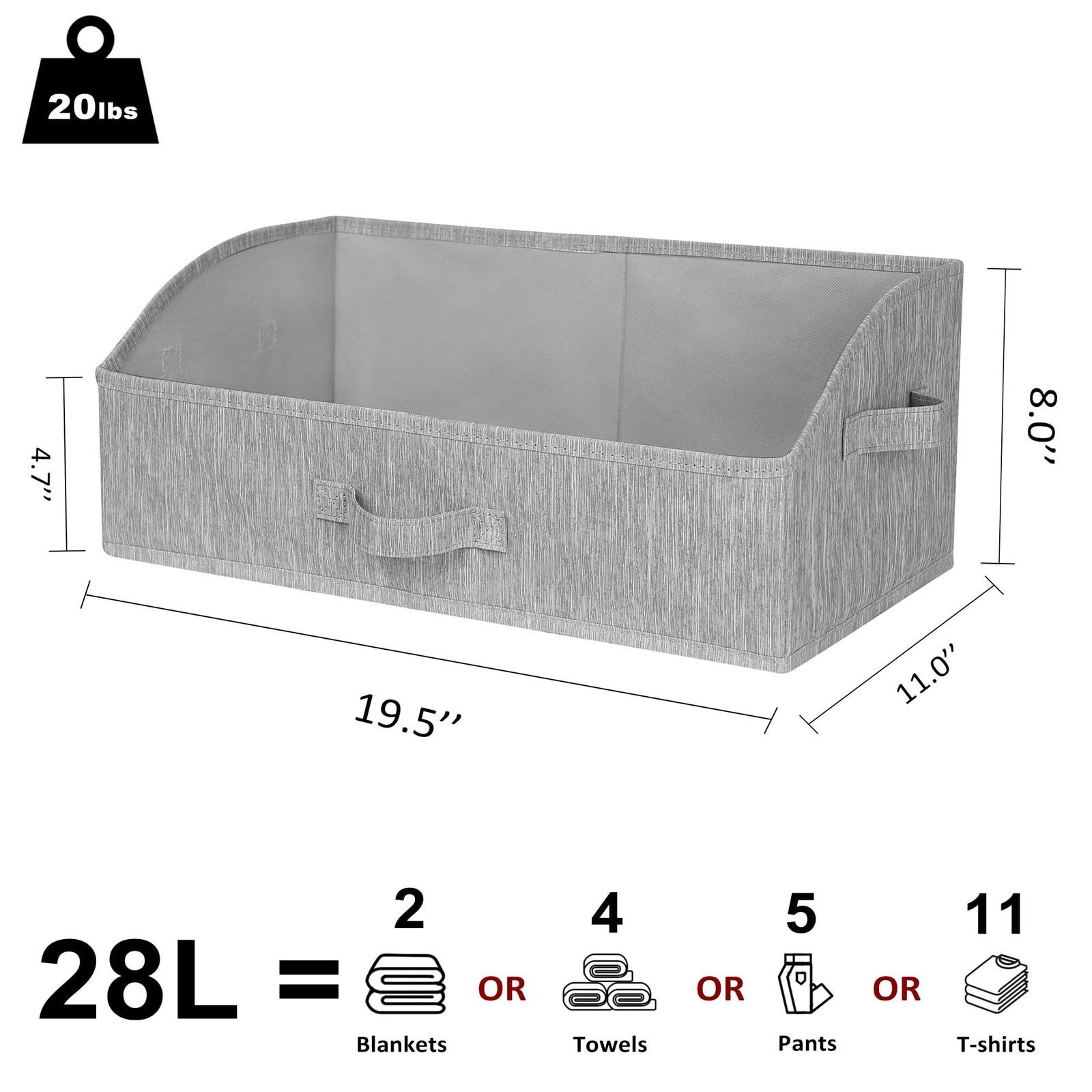 Trapezoid Storage Bins Closet Organizers Fabric Bins Handles Light Gray