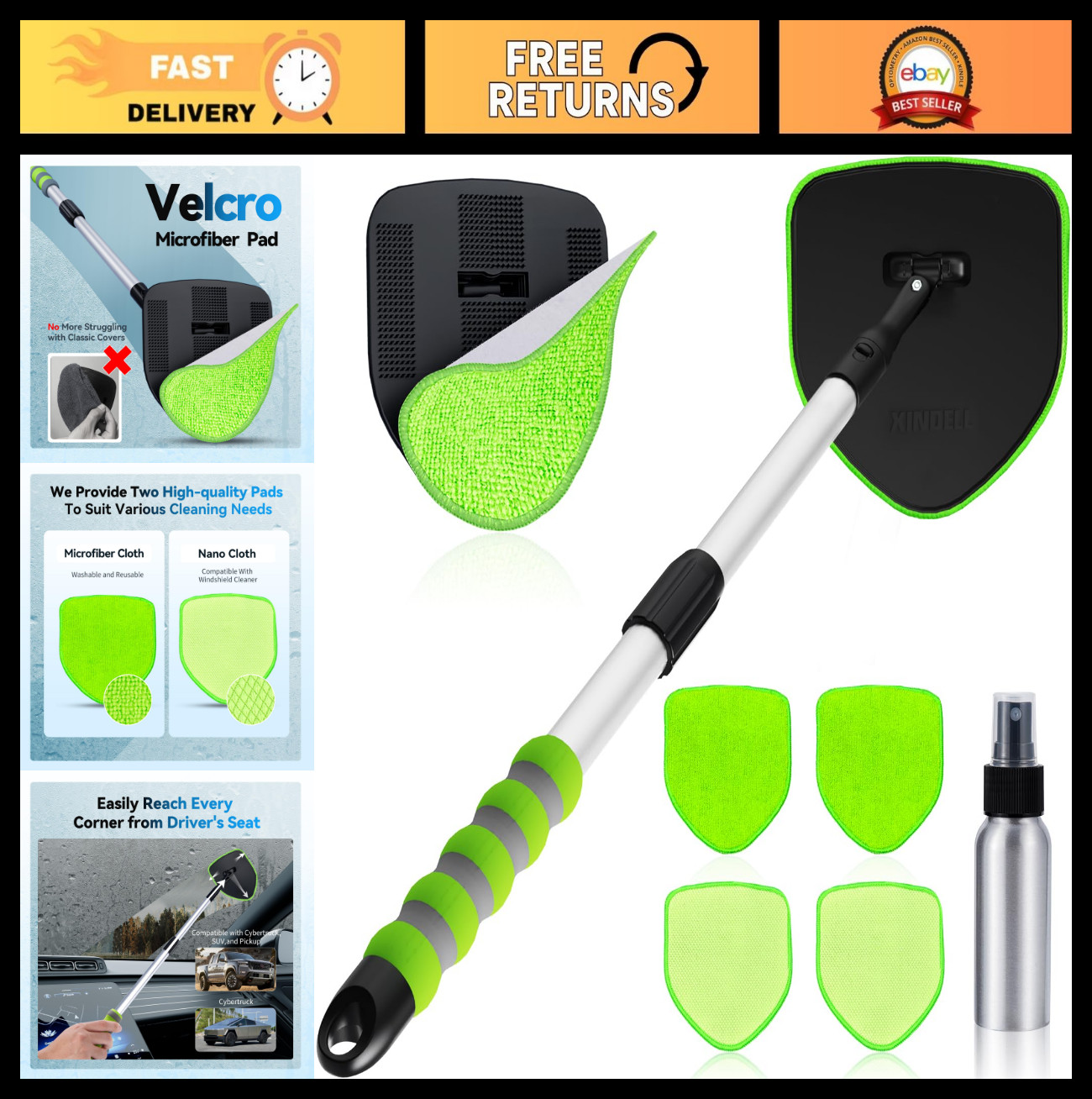 Interior Windshield Cleaner Tool Kit – 4 Reusable Microfiber Pads, Extendable Ha