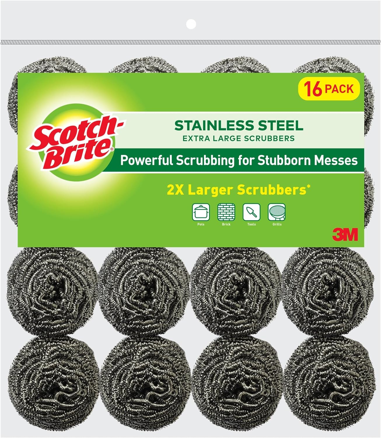 Stainless Steel Scrubbers, Durable, Ideal for Uncoated Cookware, 16 Scrubbers