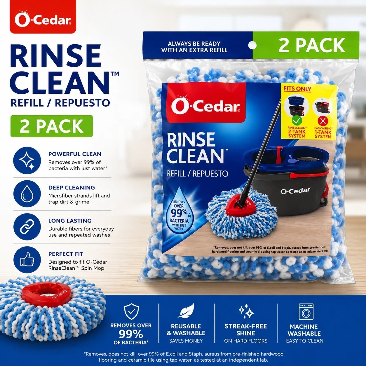 O-Cedar RinseClean EasyWring Microfiber Mop Refill 2 Pack Genuine Bin Deal