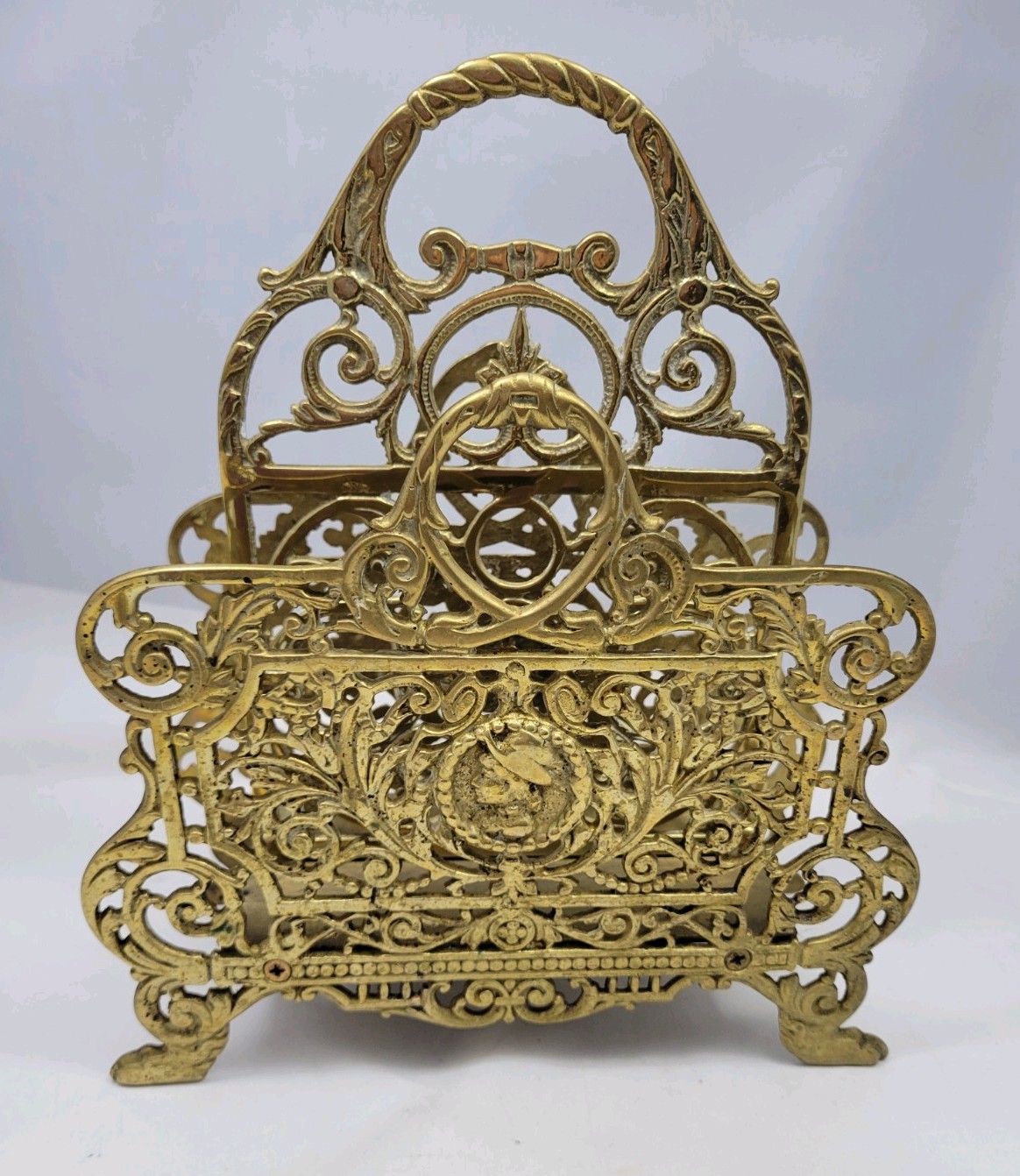 Ornate Vintage Filigree Solid Brass Magazine Book Mail Rack Holder Heavy