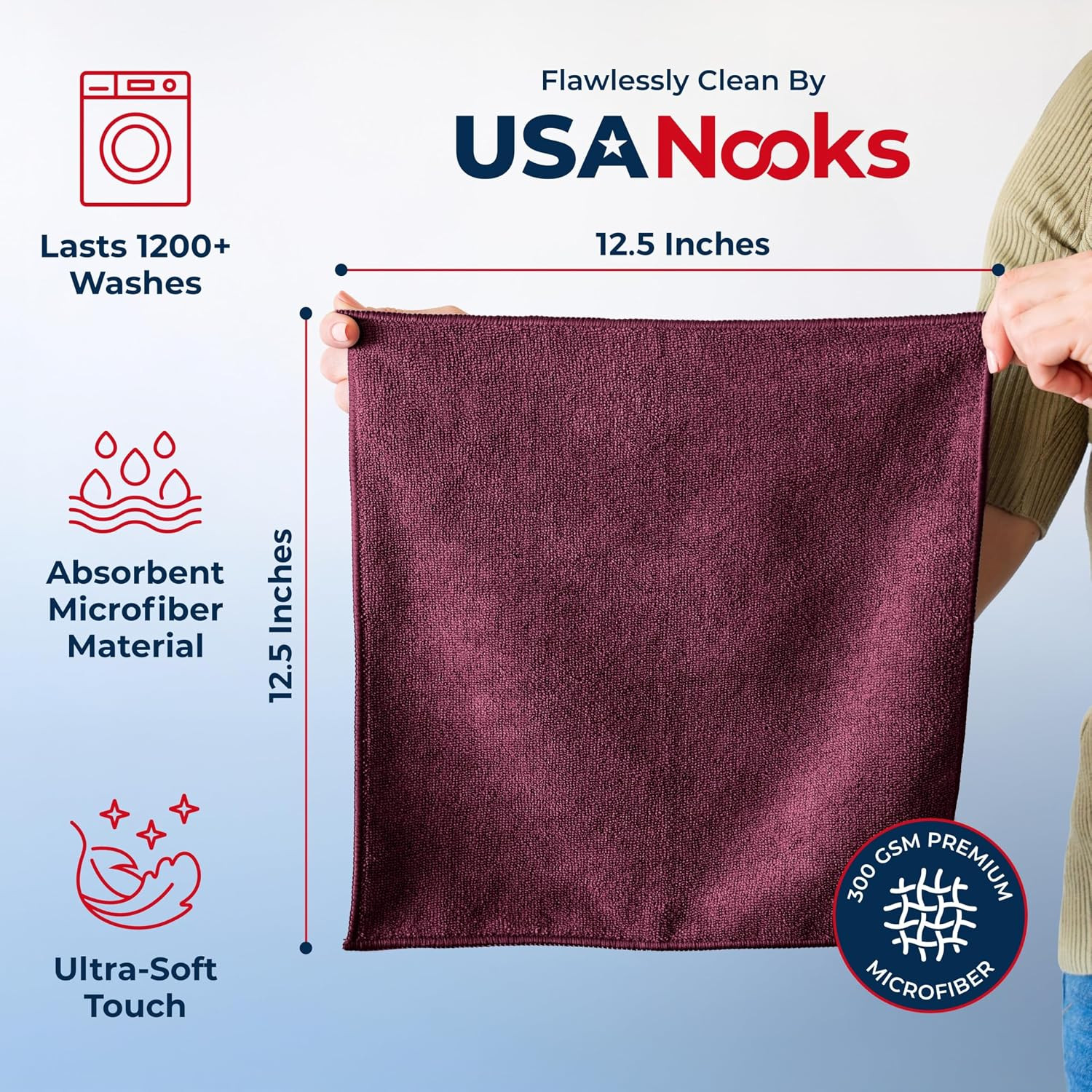 Premium 300GSM Microfiber Cleaning Cloth – 12.5×12.5 High 8 pack Burgundy